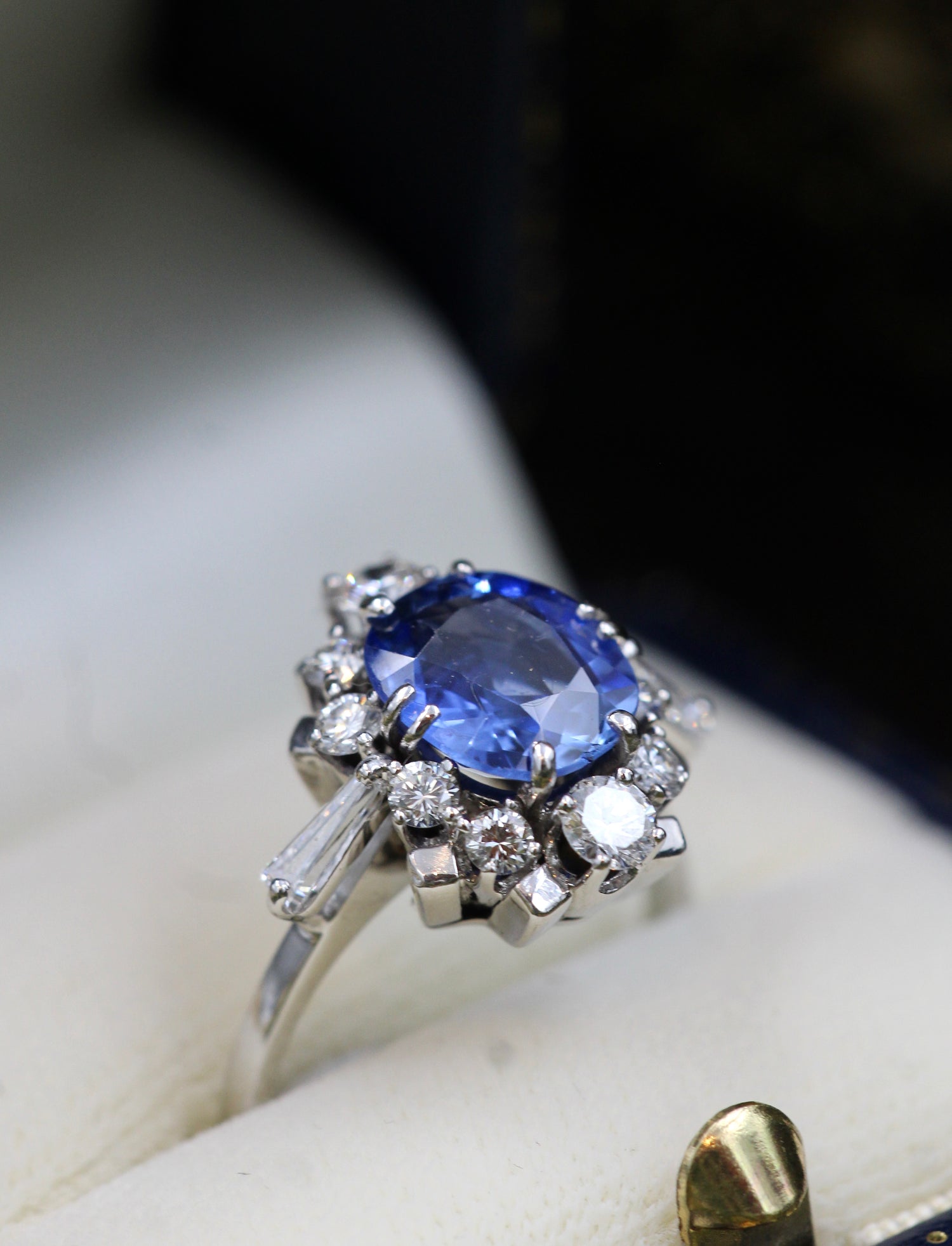 A very fine 14 ct. White Gold 3.02 Carat Ceylon Sapphire and Diamond Cluster Ring. London Assayed, Marked B&S, Circa 1974 - Robin Haydock Antiques