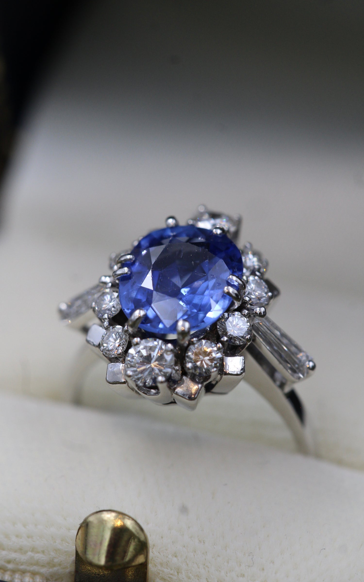 A very fine 14 ct. White Gold 3.02 Carat Ceylon Sapphire and Diamond Cluster Ring. London Assayed, Marked B&S, Circa 1974 - Robin Haydock Antiques