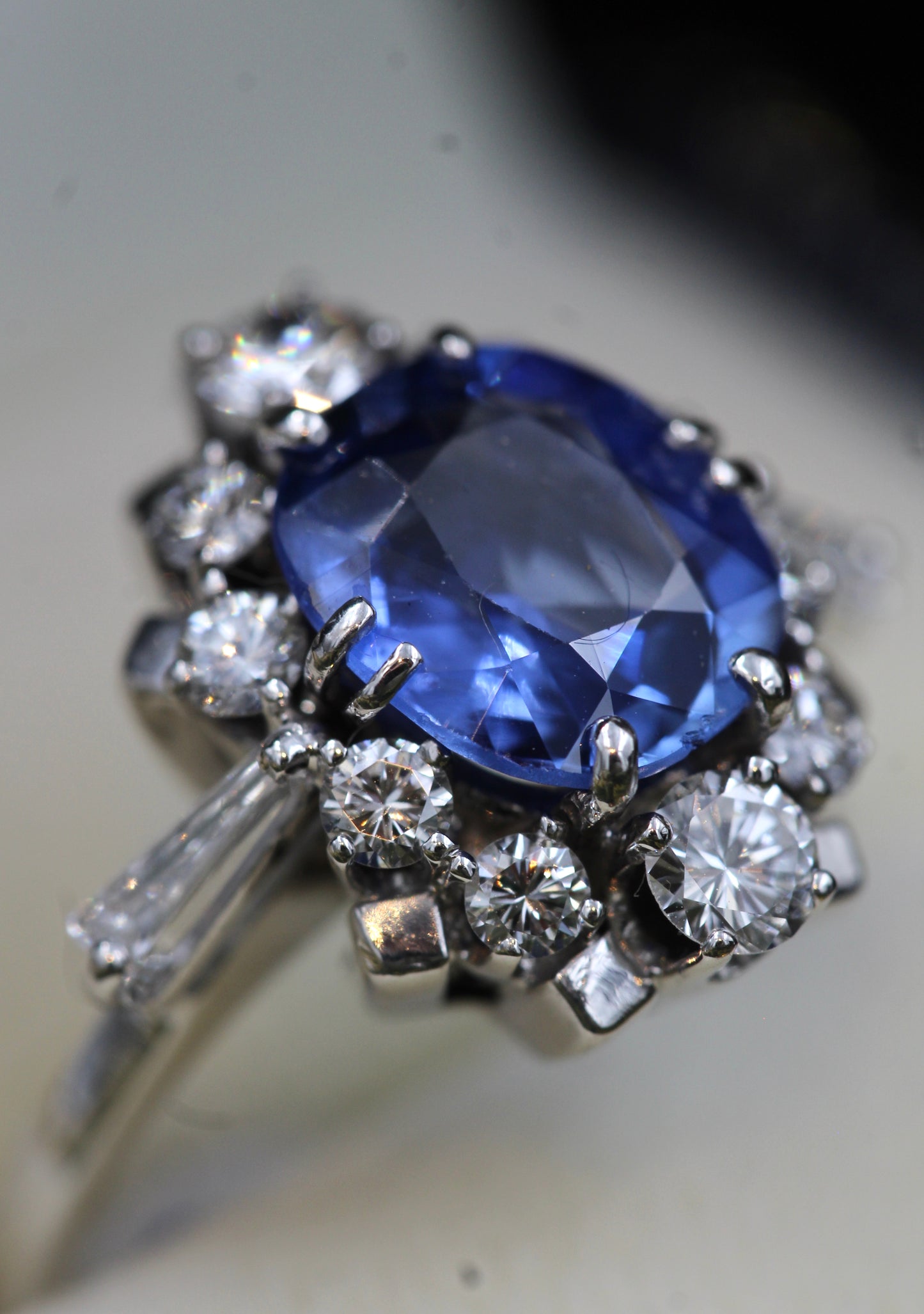 A very fine 14 ct. White Gold 3.02 Carat Ceylon Sapphire and Diamond Cluster Ring. London Assayed, Marked B&S, Circa 1974 - Robin Haydock Antiques