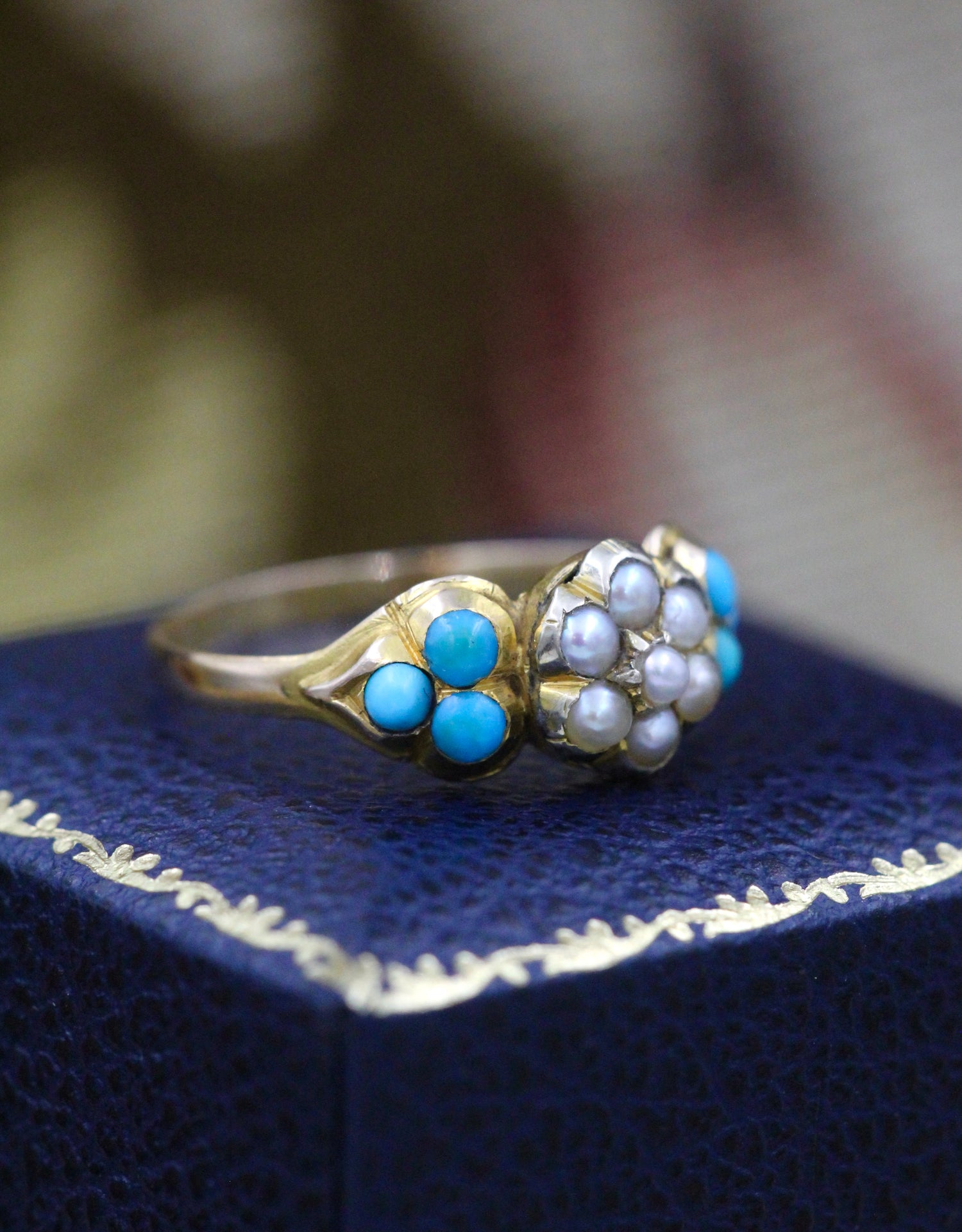 A very fine 15 carat (tested) Yellow Gold Turquoise and Pearl Ring. Circa 1860 - Robin Haydock Antiques