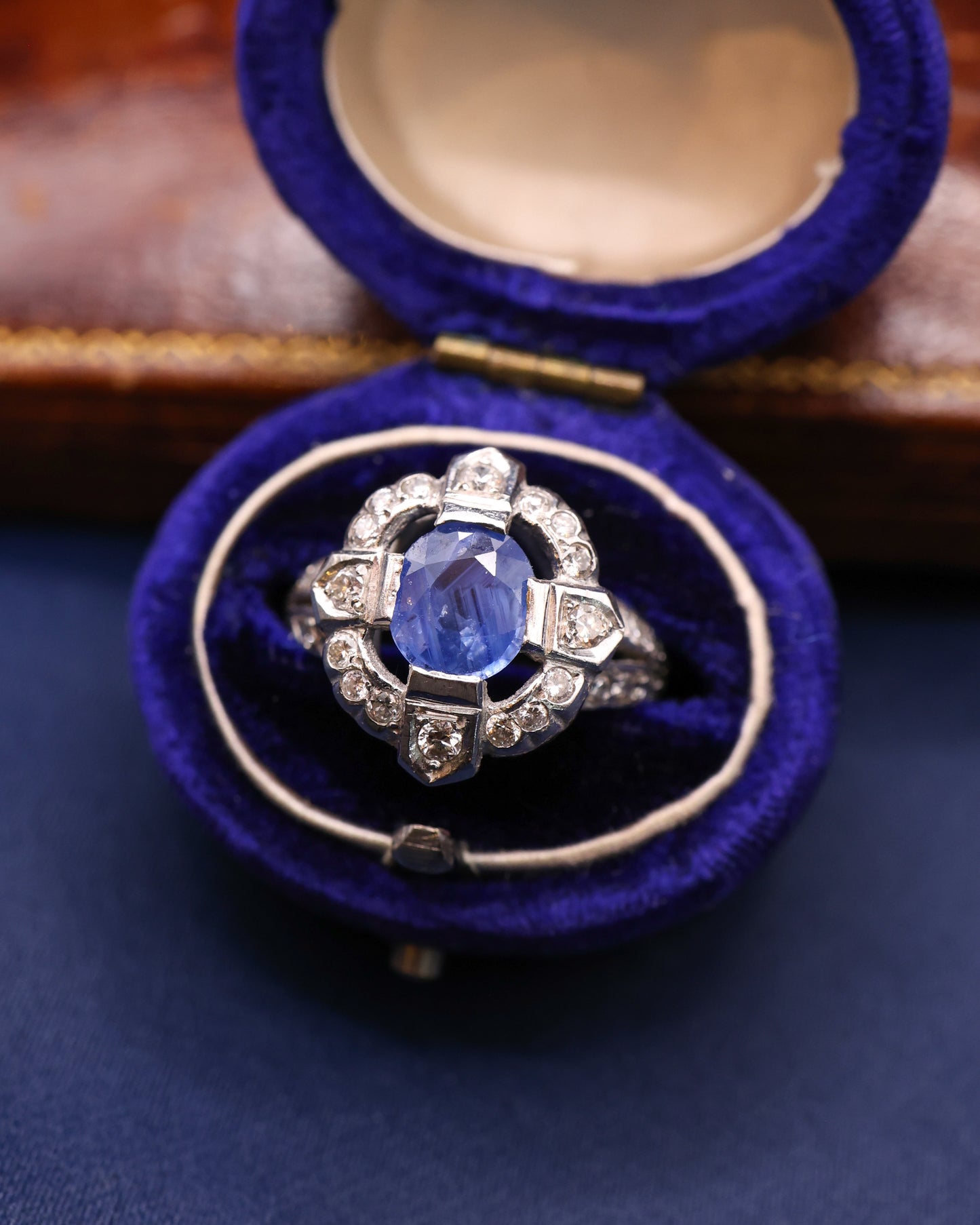 Platinum Sapphire and Diamond French Cluster Quatrefoil Ring Circa 1950's - Robin Haydock Antique Jewellery