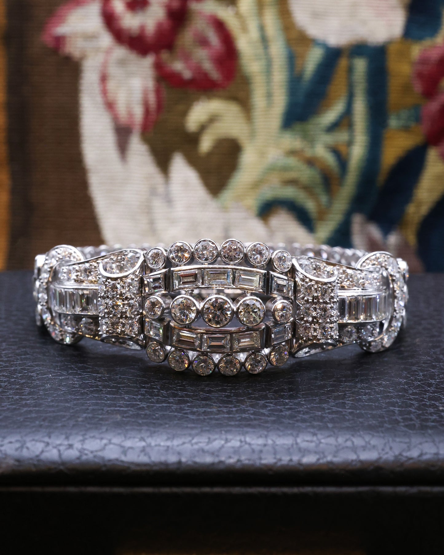 An exceptional example of an Architectural 18ct White Gold (tested), late Art Deco, 27 Carat Diamond Bracelet. Circa Late 1940's.