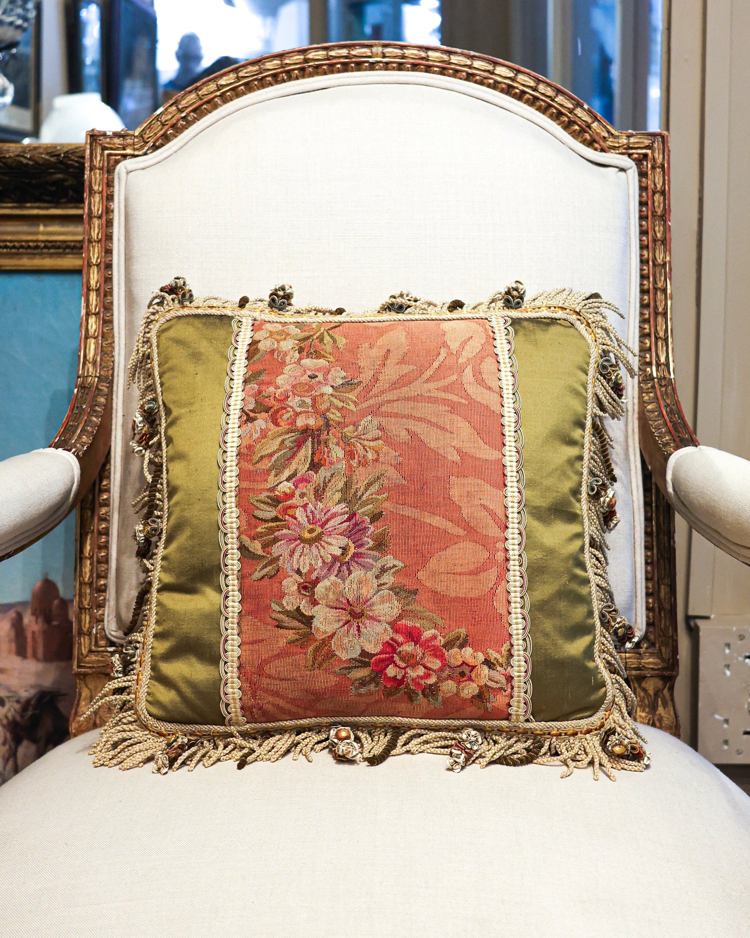 A pair of finely woven Beauvais Silk & Wool Hand-woven Antique Tapestry Panels. Presented as a pair of fine cushions. Mid -  Late 19th Century - Robin Haydock Antiques