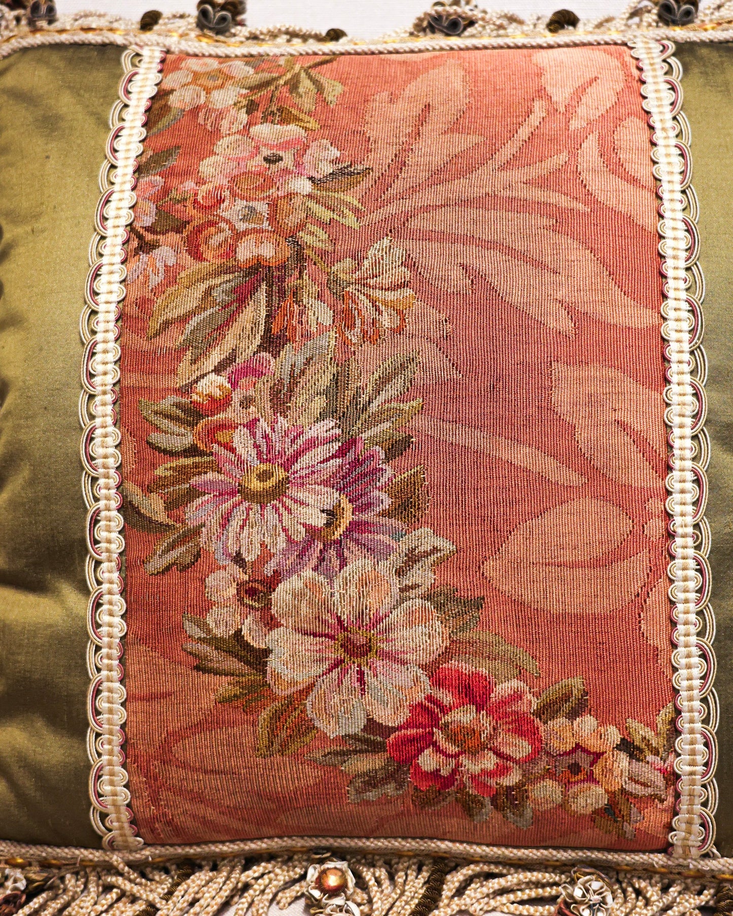 A pair of finely woven Beauvais Silk & Wool Hand-woven Antique Tapestry Panels. Presented as a pair of fine cushions. Mid -  Late 19th Century - Robin Haydock Antiques