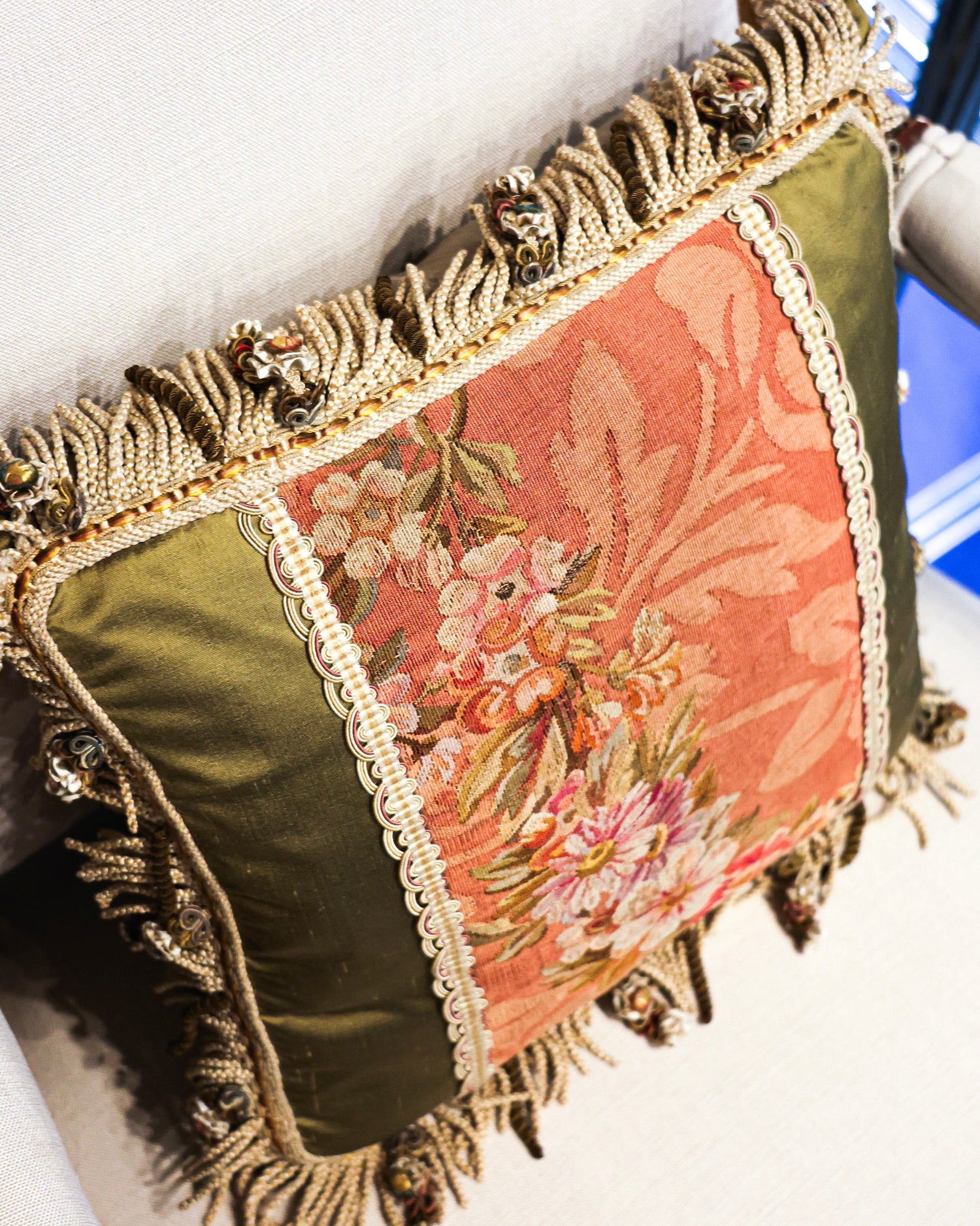 A pair of finely woven Beauvais Silk & Wool Hand-woven Antique Tapestry Panels. Presented as a pair of fine cushions. Mid -  Late 19th Century - Robin Haydock Antiques