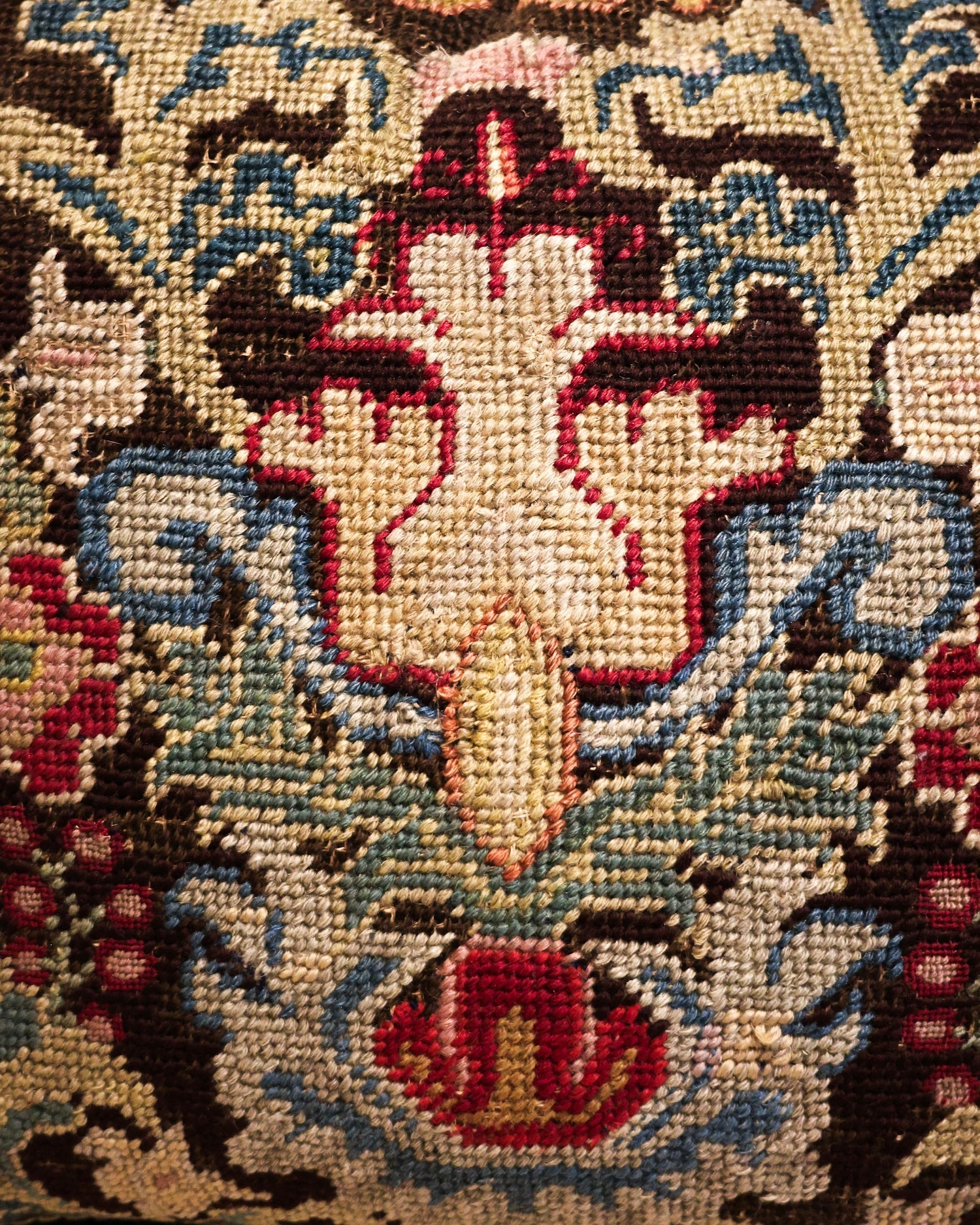 An exceptional panel of fine English Silk & Wool Needlepoint. Circa 1740. Presented as a cushion, with later backing & Trim. - Robin Haydock Antiques