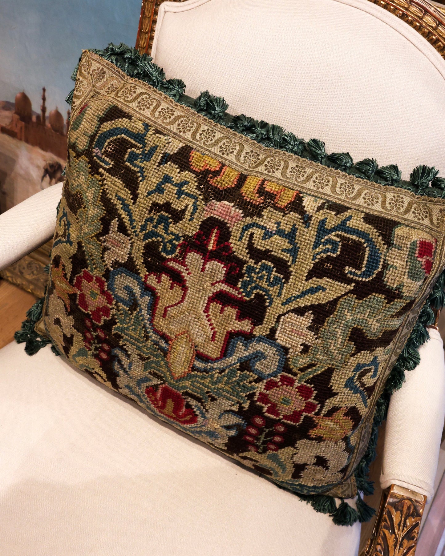 An exceptional panel of fine English Silk & Wool Needlepoint. Circa 1740. Presented as a cushion, with later backing & Trim. - Robin Haydock Antiques