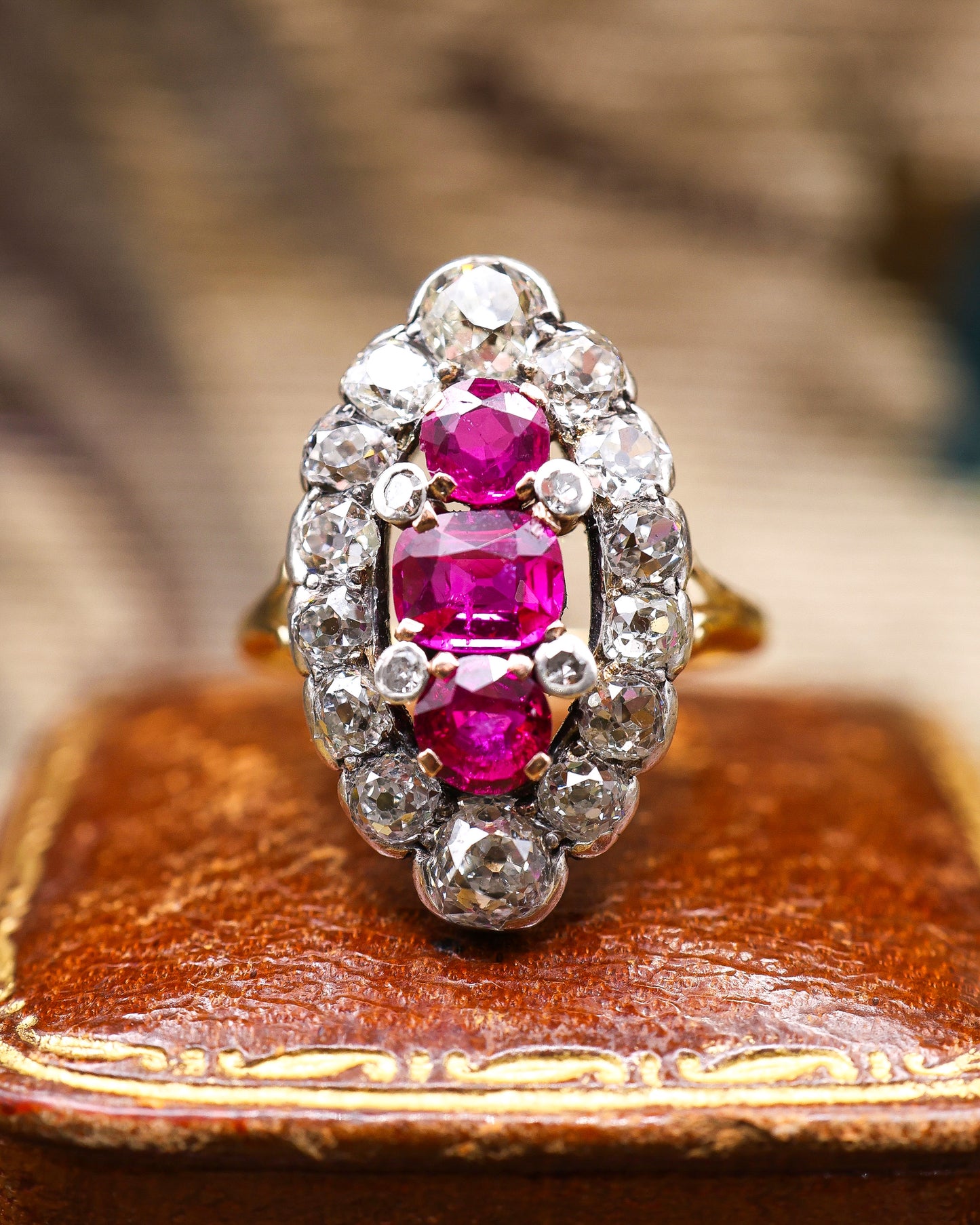 A very fine Antique 18ct Yellow Gold & Silver, Navette Shaped, Three Stone, Natural Untreated Burma Ruby & Diamond Cluster Ring. Circa 1880