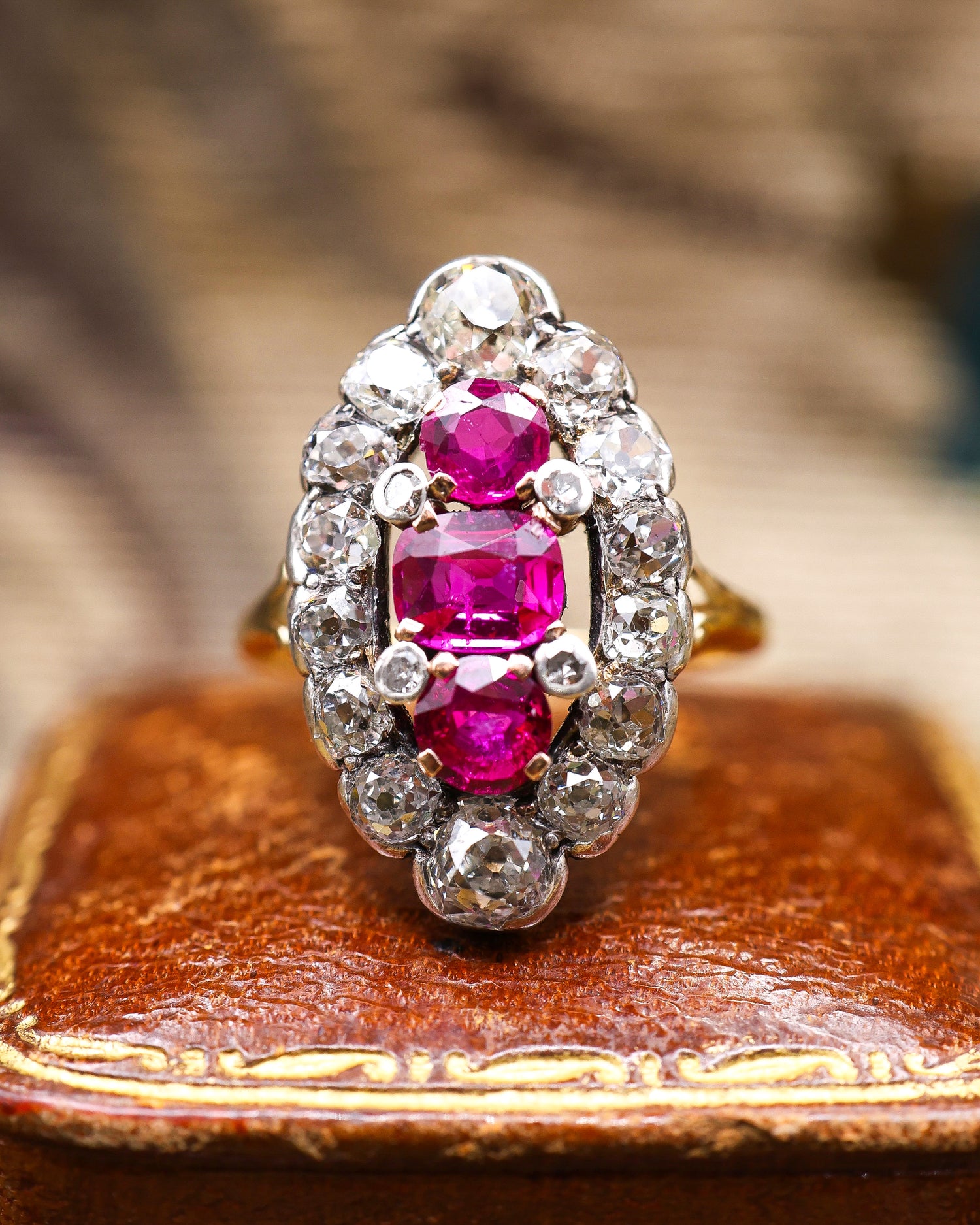 A very fine Antique 18ct Yellow Gold & Silver, Navette Shaped, Three Stone, Natural Untreated Burma Ruby &  Diamond Cluster Ring. Circa 1880 - Robin Haydock Antique Jewellery