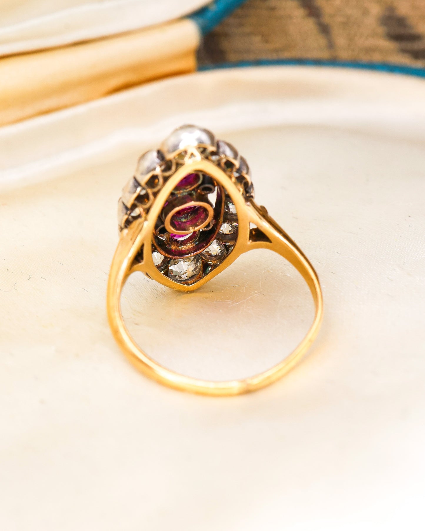 A very fine Antique 18ct Yellow Gold & Silver, Navette Shaped, Three Stone, Natural Untreated Burma Ruby & Diamond Cluster Ring. Circa 1880