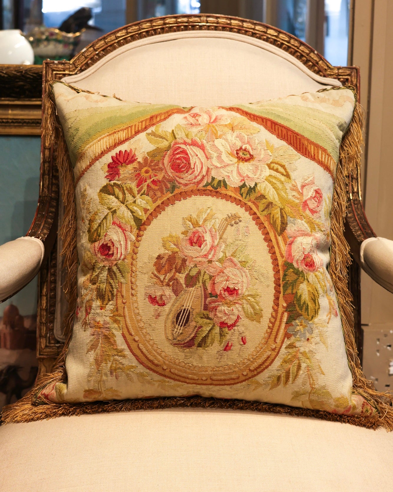 Five Antique Cushions/Pillows of Early 19th C' Hand Woven Silk and Wool Aubusson Tapestry, Circa 1820,  trimmed in Vert Havanne Silk and Cotton Fringe, re-backed in Pure Silk Dupion. - Robin Haydock Antiques