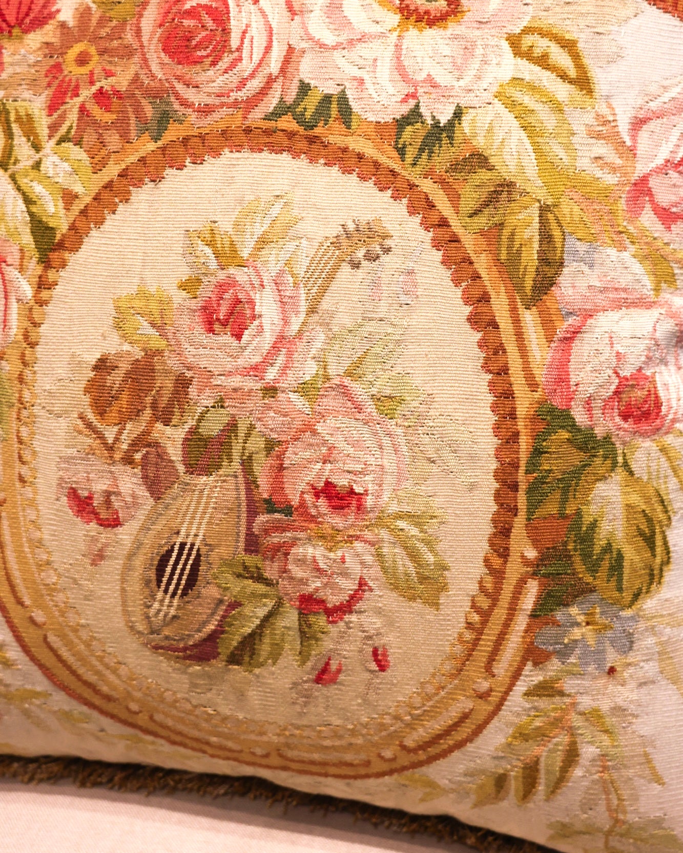 Five Antique Cushions/Pillows of Early 19th C' Hand Woven Silk and Wool Aubusson Tapestry, Circa 1820,  trimmed in Vert Havanne Silk and Cotton Fringe, re-backed in Pure Silk Dupion. - Robin Haydock Antiques