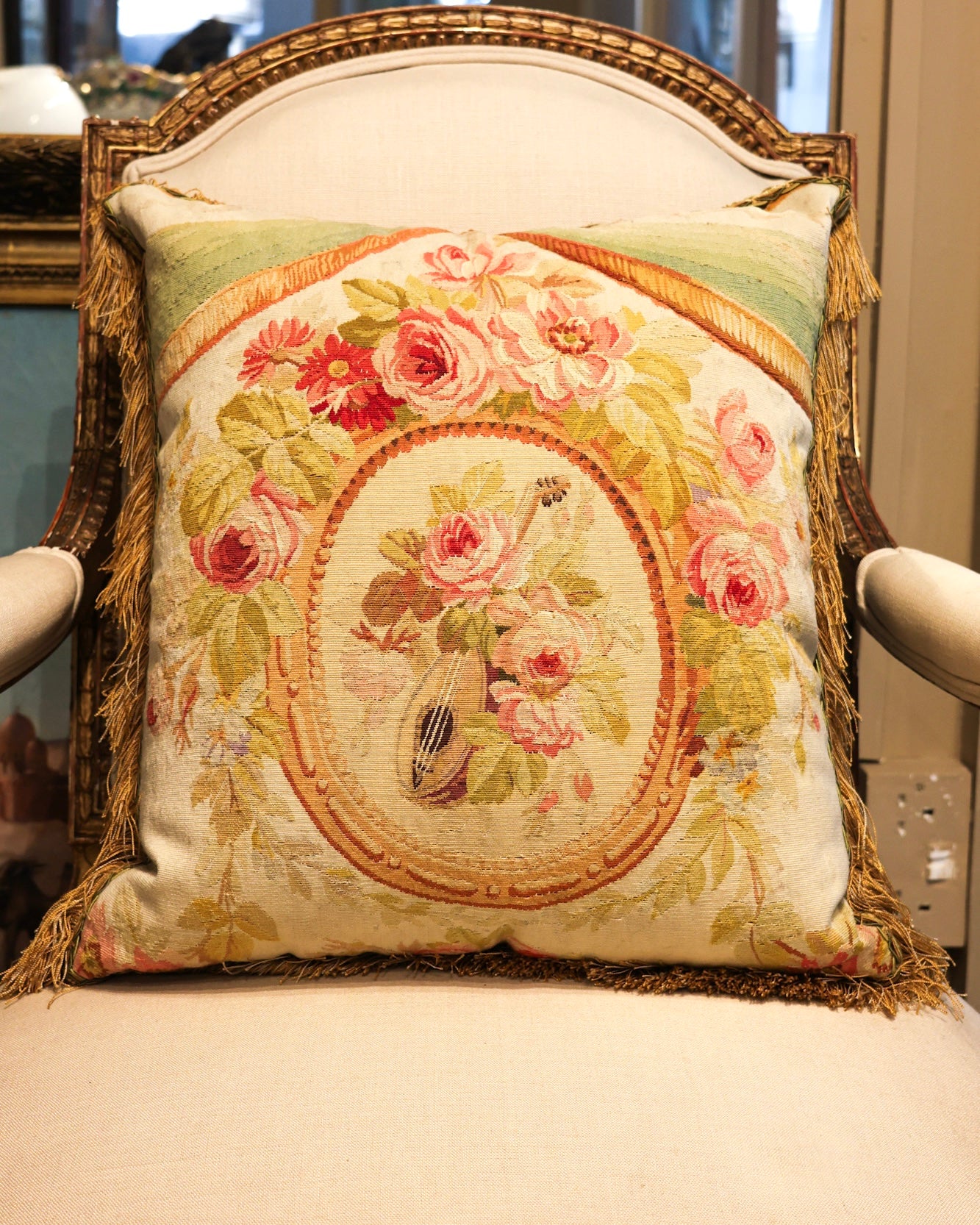 Five Antique Cushions/Pillows of Early 19th C' Hand Woven Silk and Wool Aubusson Tapestry, Circa 1820,  trimmed in Vert Havanne Silk and Cotton Fringe, re-backed in Pure Silk Dupion. - Robin Haydock Antiques