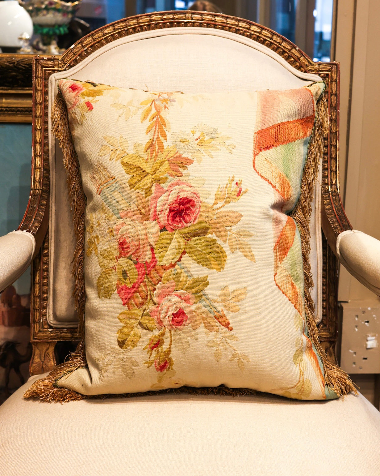 Five Antique Cushions/Pillows of Early 19th C' Hand Woven Silk and Wool Aubusson Tapestry, Circa 1820,  trimmed in Vert Havanne Silk and Cotton Fringe, re-backed in Pure Silk Dupion. - Robin Haydock Antiques