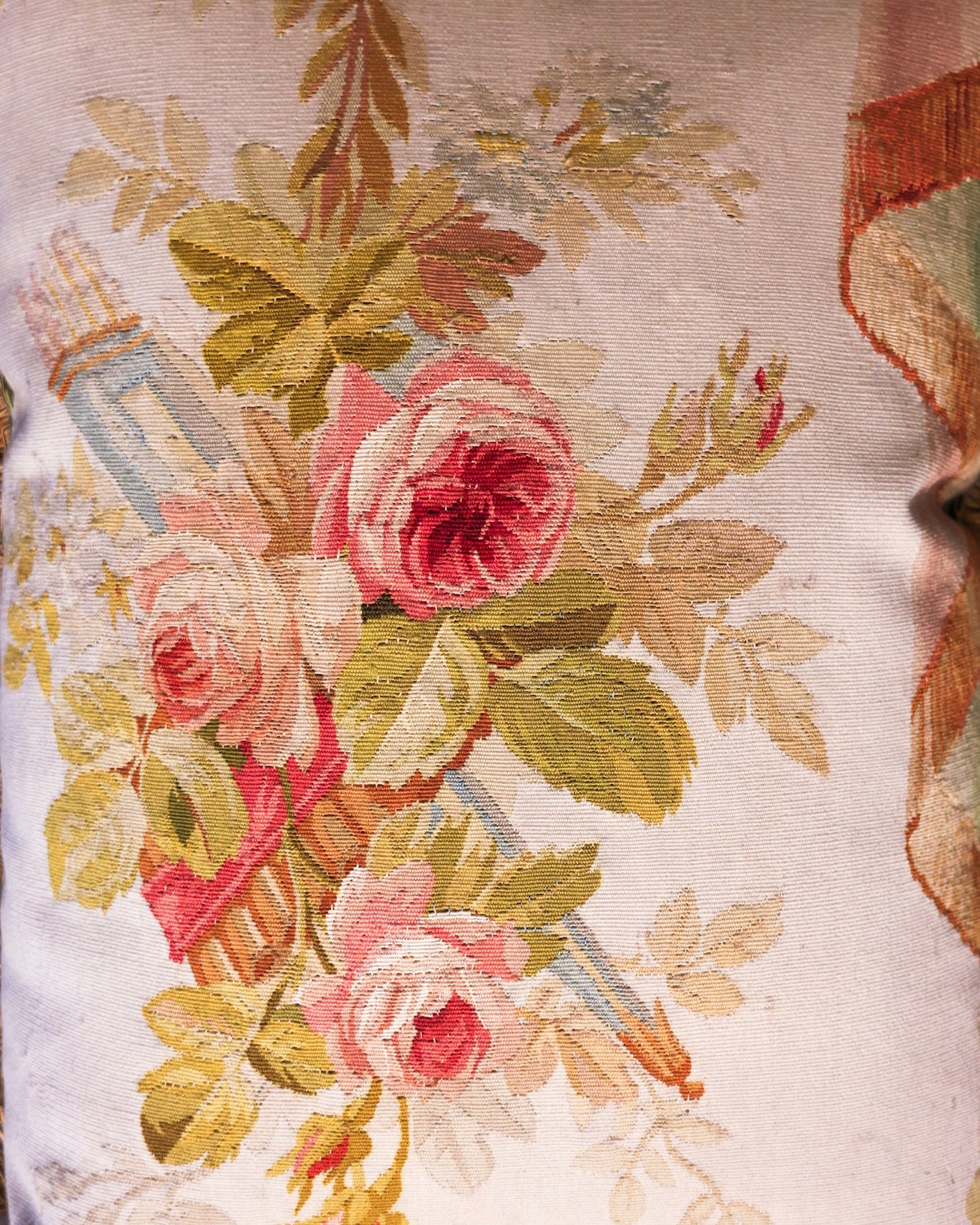 Five Antique Cushions/Pillows of Early 19th C' Hand Woven Silk and Wool Aubusson Tapestry, Circa 1820,  trimmed in Vert Havanne Silk and Cotton Fringe, re-backed in Pure Silk Dupion. - Robin Haydock Antiques