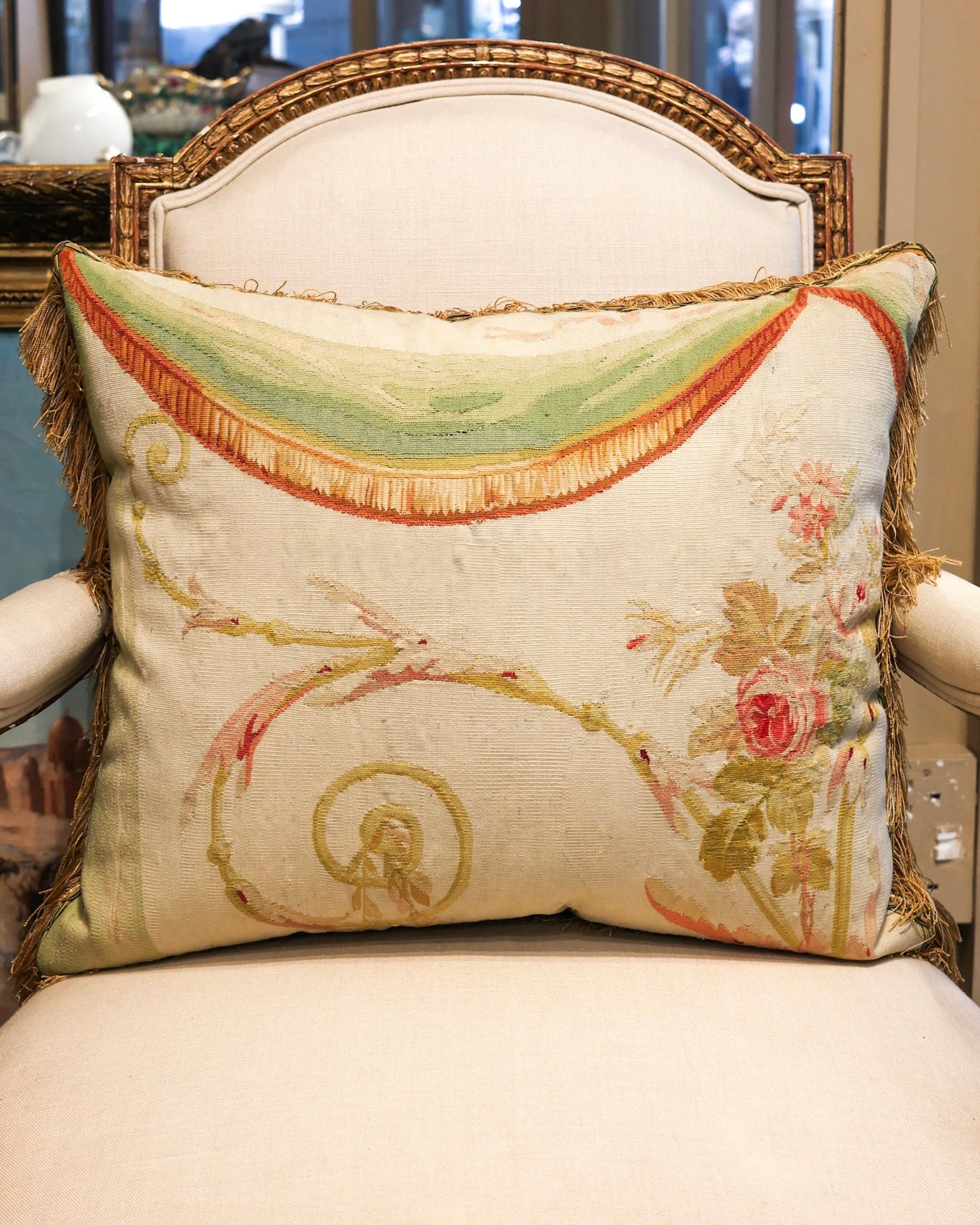 Five Antique Cushions/Pillows of Early 19th C' Hand Woven Silk and Wool Aubusson Tapestry, Circa 1820,  trimmed in Vert Havanne Silk and Cotton Fringe, re-backed in Pure Silk Dupion. - Robin Haydock Antiques