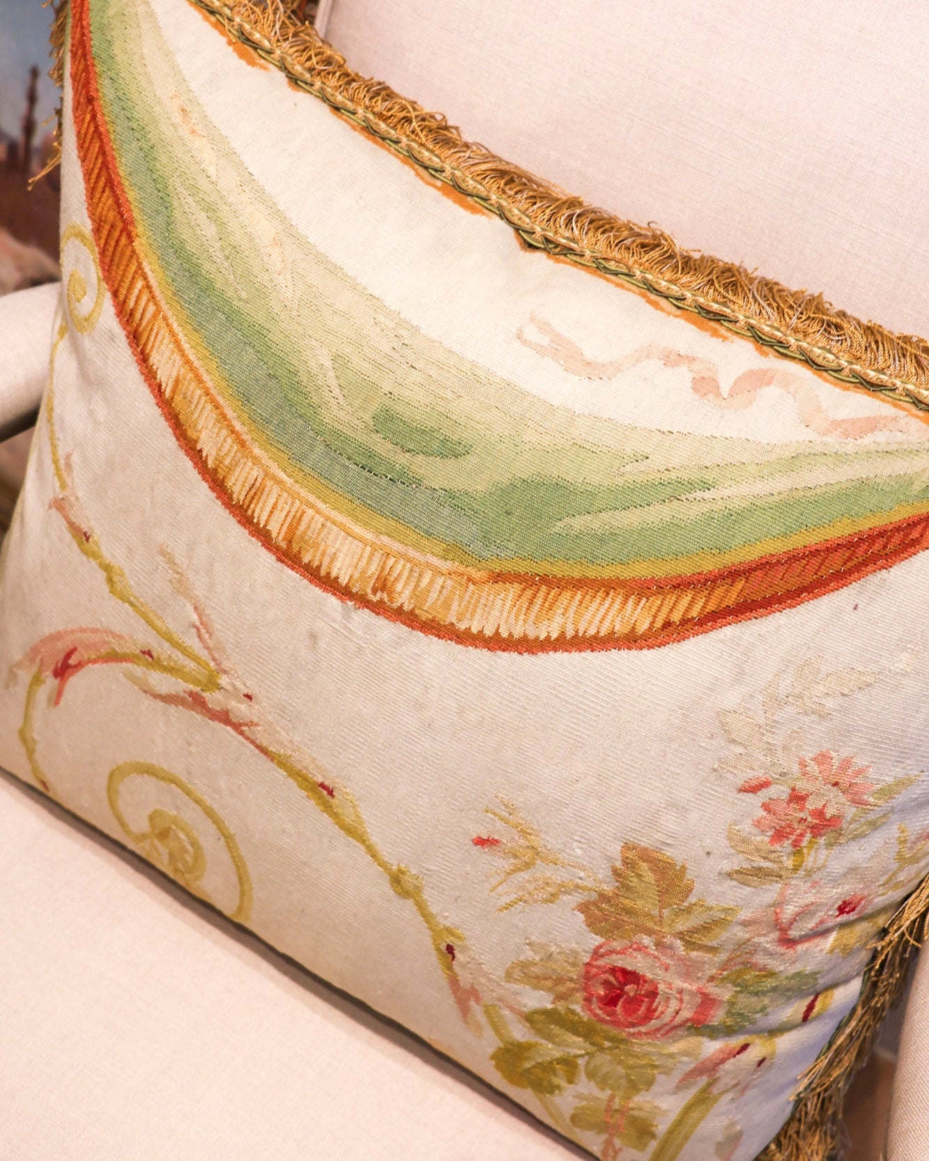 Five Antique Cushions/Pillows of Early 19th C' Hand Woven Silk and Wool Aubusson Tapestry, Circa 1820,  trimmed in Vert Havanne Silk and Cotton Fringe, re-backed in Pure Silk Dupion. - Robin Haydock Antiques