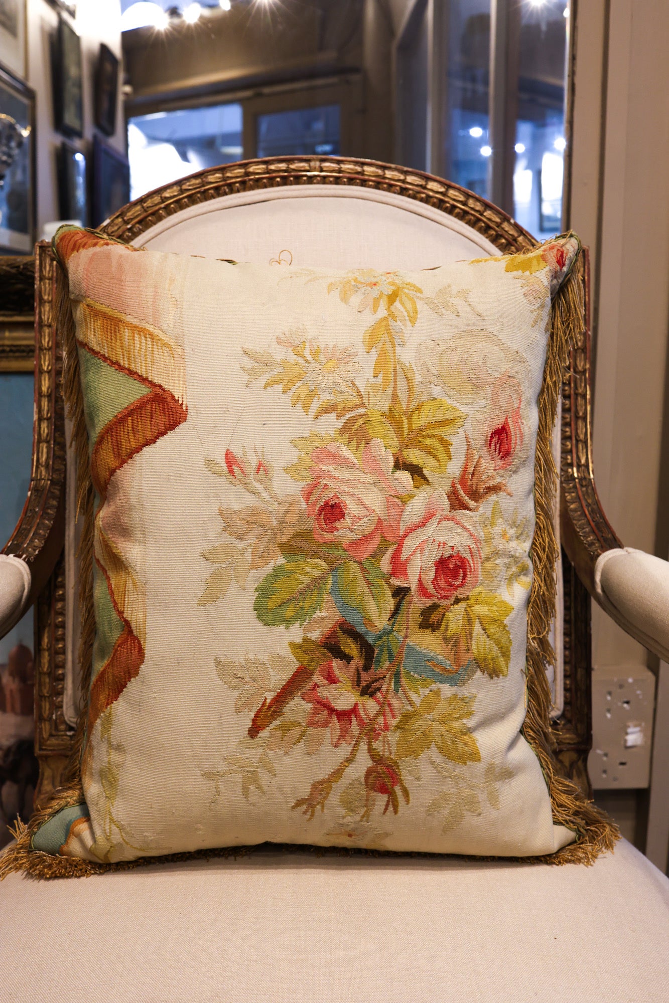 Five Antique Cushions/Pillows of Early 19th C' Hand Woven Silk and Wool Aubusson Tapestry, Circa 1820,  trimmed in Vert Havanne Silk and Cotton Fringe, re-backed in Pure Silk Dupion. - Robin Haydock Antiques