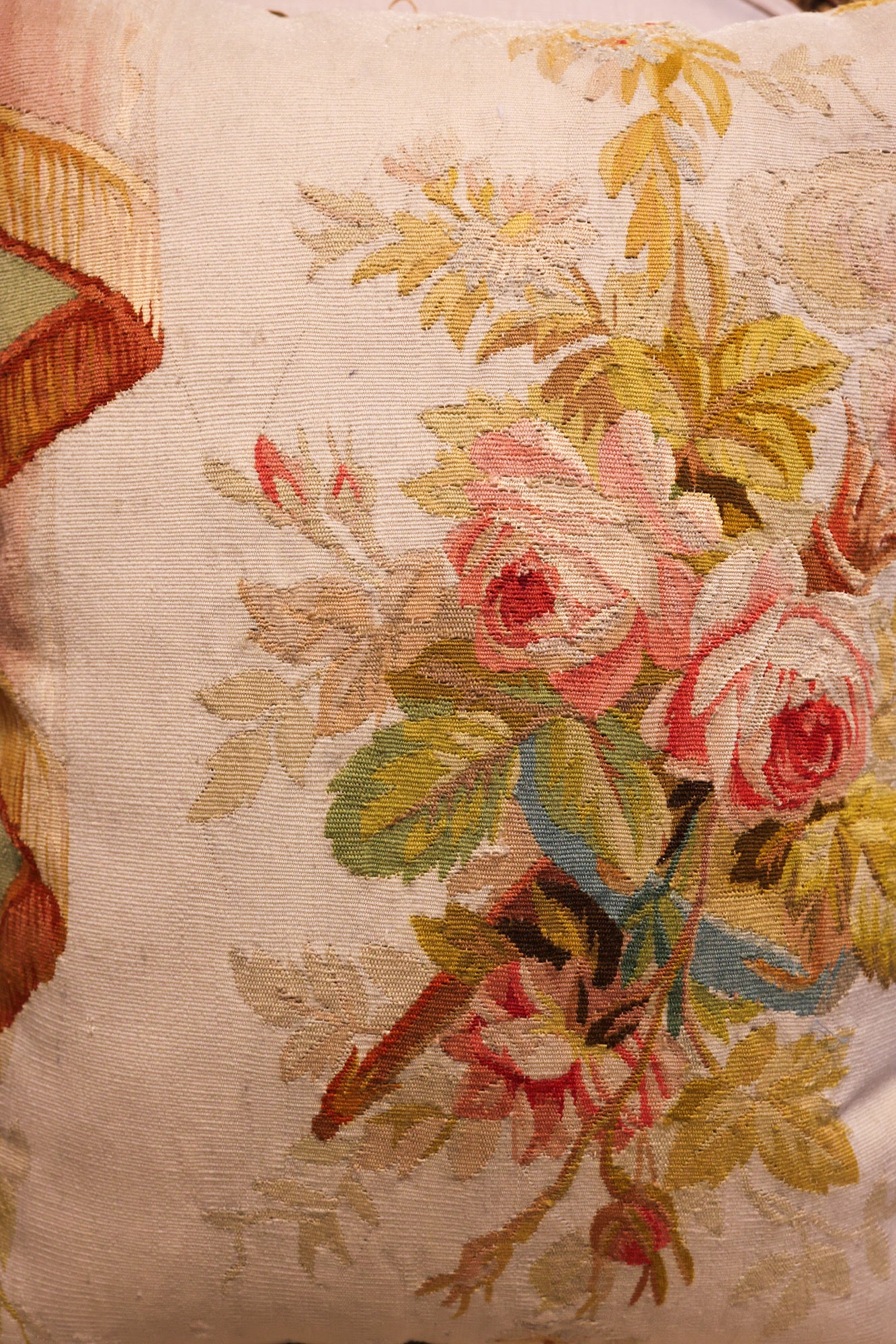 Five Antique Cushions/Pillows of Early 19th C' Hand Woven Silk and Wool Aubusson Tapestry, Circa 1820,  trimmed in Vert Havanne Silk and Cotton Fringe, re-backed in Pure Silk Dupion. - Robin Haydock Antiques