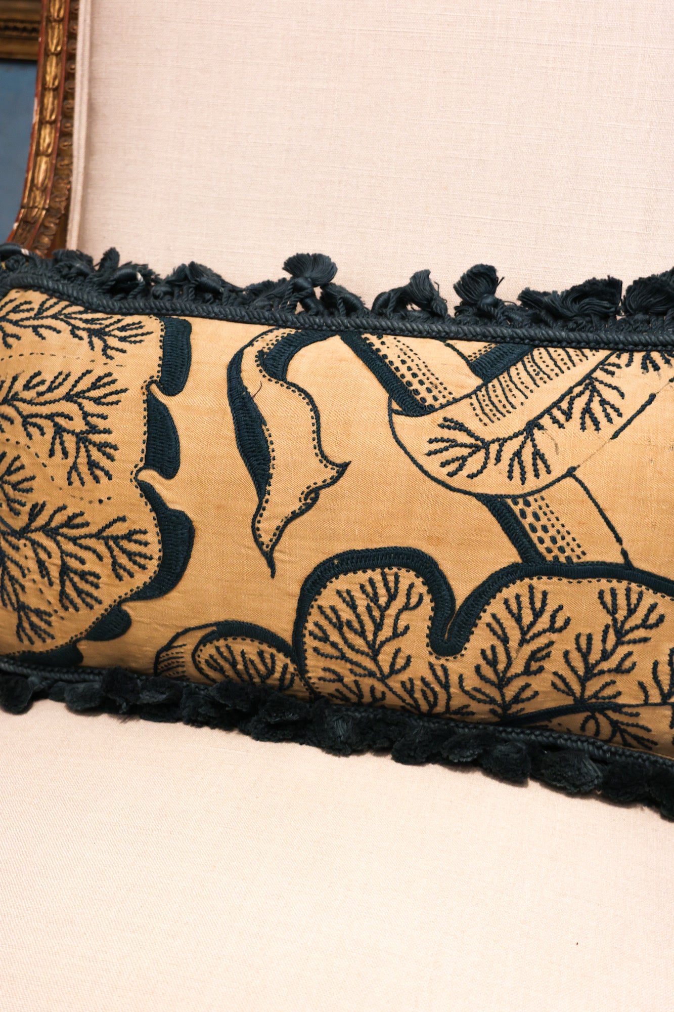 A Very Fine Pair of Crewel Work Panels Circa 1660, With Later Hand Dyed Indigo Henry Newbery Tassel Trim (presented as a pair of cushions) - Robin Haydock Antiques