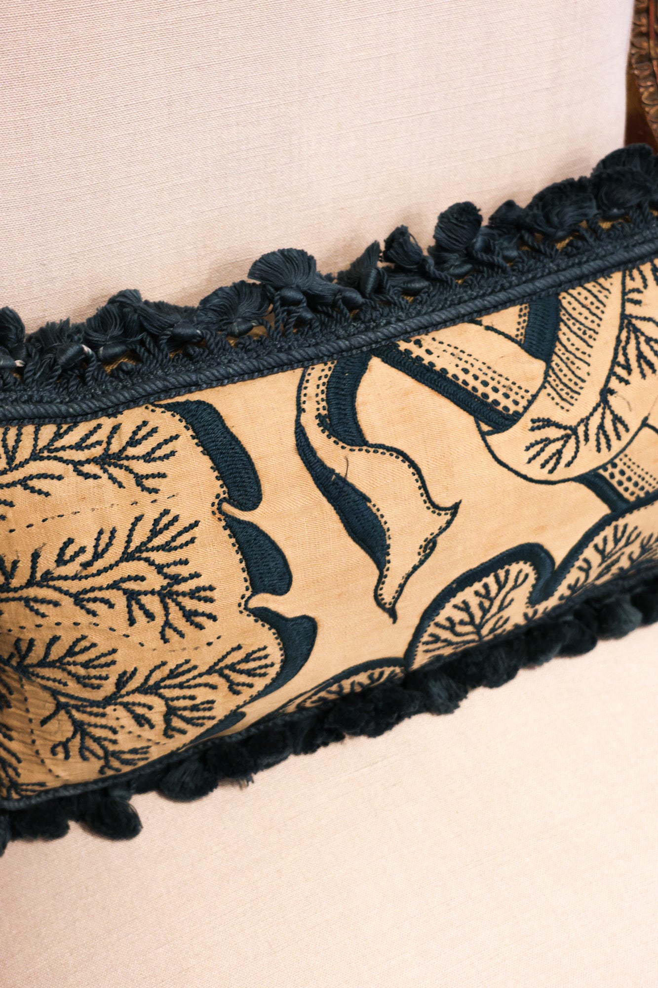A Very Fine Pair of Crewel Work Panels Circa 1660, With Later Hand Dyed Indigo Henry Newbery Tassel Trim (presented as a pair of cushions) - Robin Haydock Antiques