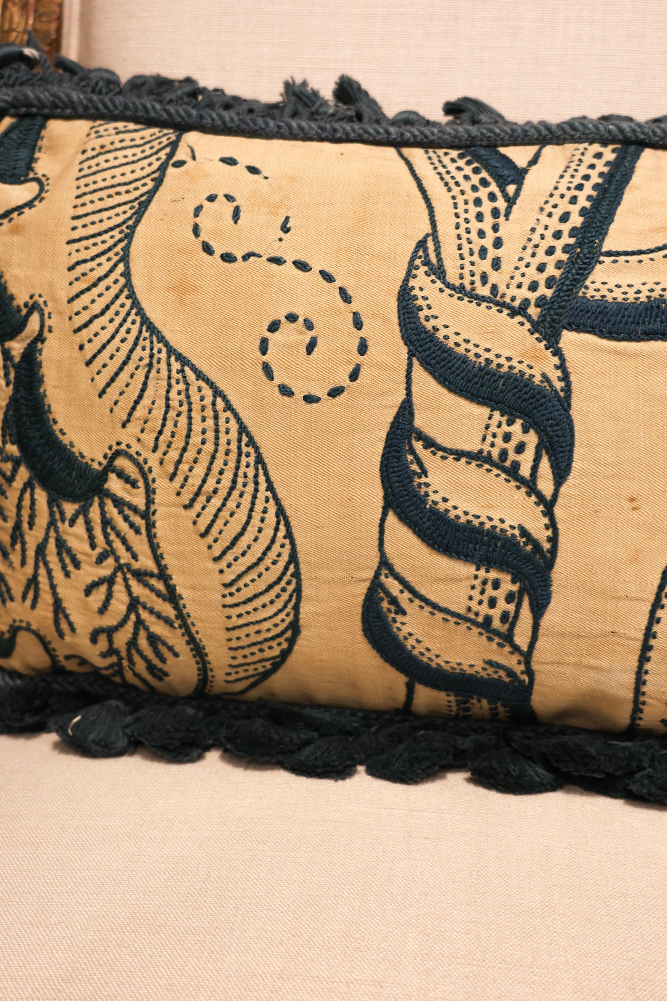 A Very Fine Pair of Crewel Work Panels Circa 1660, With Later Hand Dyed Indigo Henry Newbery Tassel Trim (presented as a pair of cushions) - Robin Haydock Antiques
