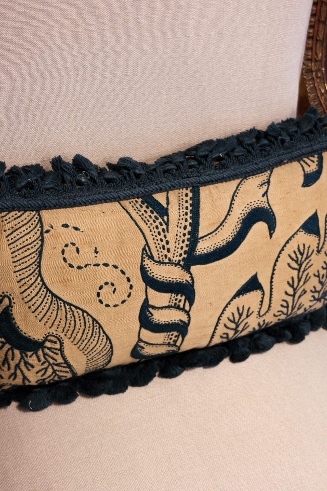 A Very Fine Pair of Crewel Work Panels Circa 1660, With Later Hand Dyed Indigo Henry Newbery Tassel Trim (presented as a pair of cushions) - Robin Haydock Antiques