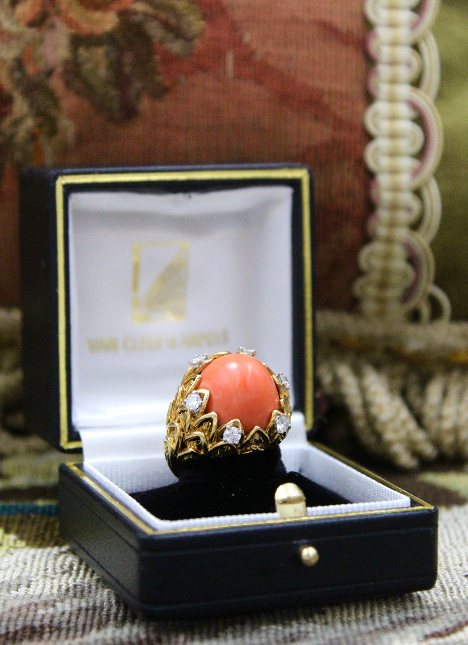 An exceptionally fine Coral & Diamond Ring in 18ct Yellow Gold, French, Circa 1970 - Robin Haydock Antiques