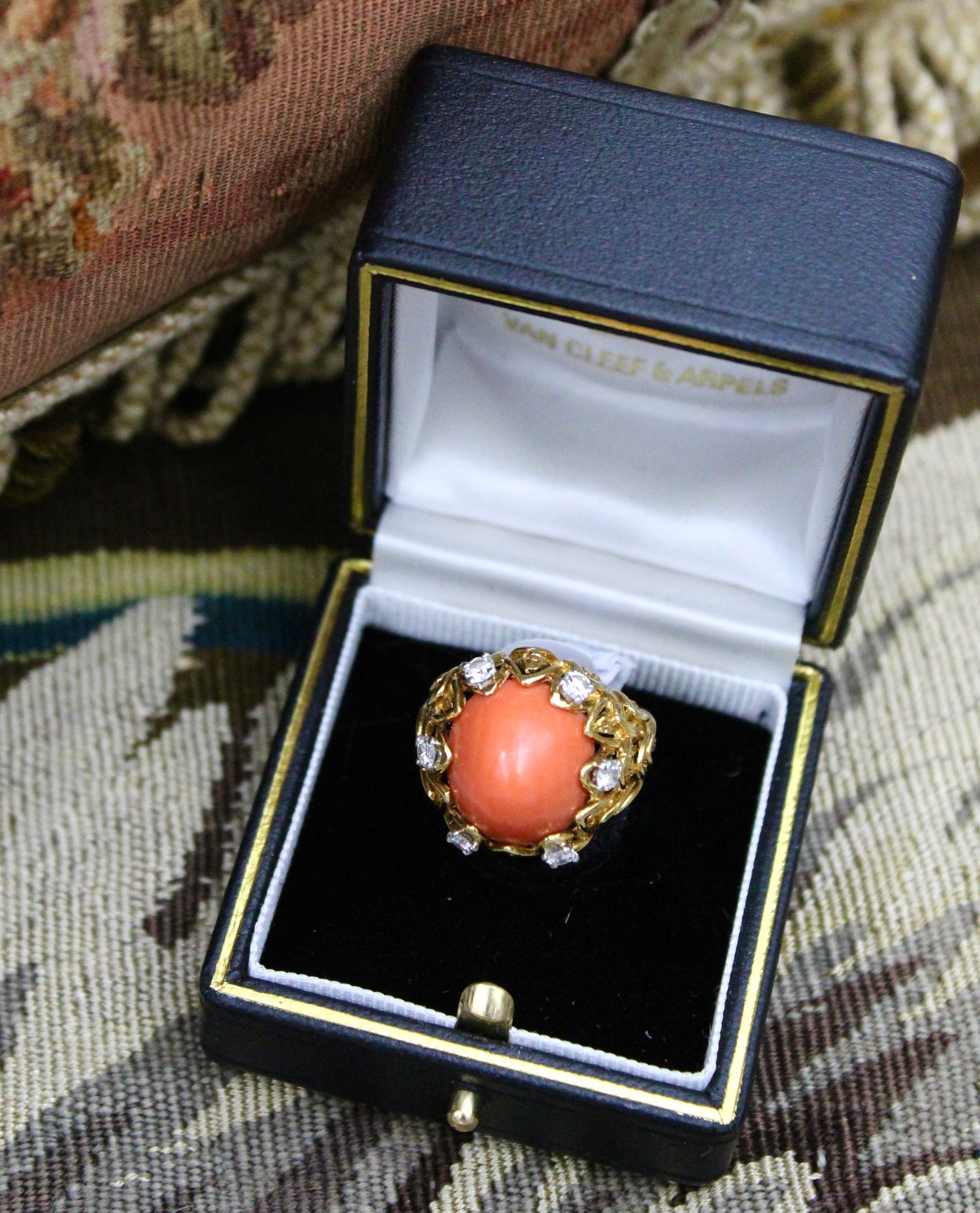 An exceptionally fine Coral & Diamond Ring in 18ct Yellow Gold, French, Circa 1970 - Robin Haydock Antiques
