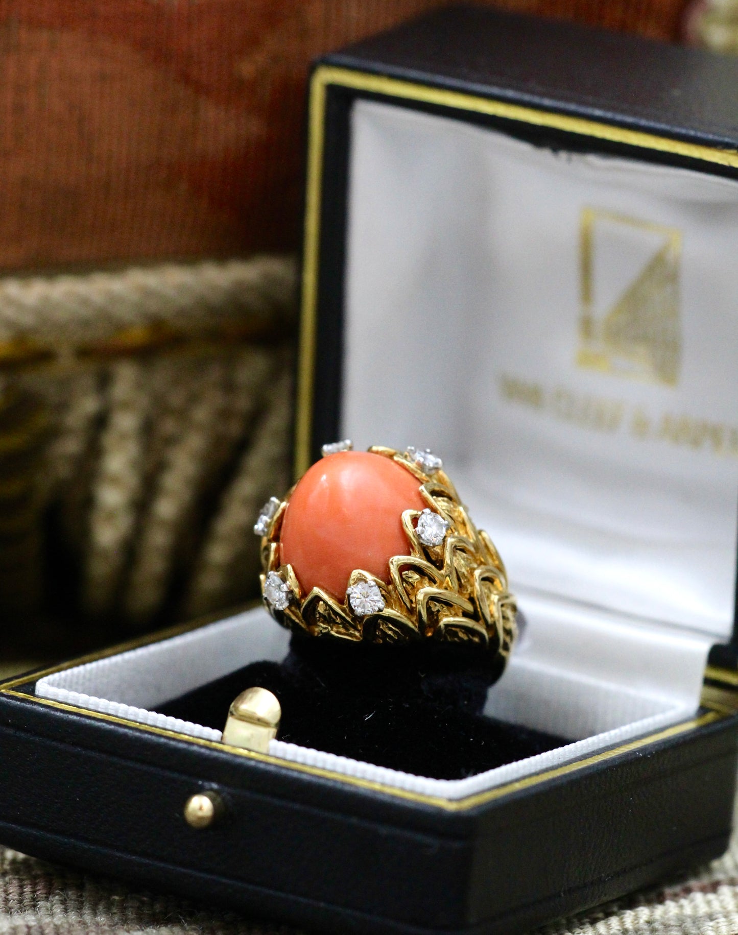 An exceptionally fine Coral & Diamond Ring in 18ct Yellow Gold, French, Circa 1970 - Robin Haydock Antiques