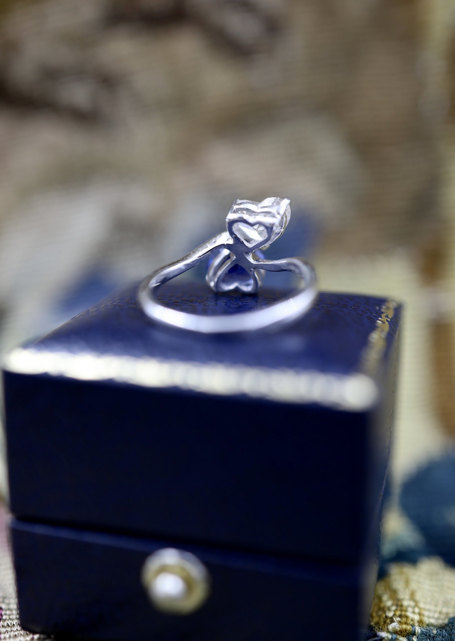 A remarkable Vintage 18ct White Gold (French import marks),  Heart Shaped Sapphire & Diamond, Moi et Toi, Two Stone Twist Ring.  Pre-owned - Robin Haydock Antiques