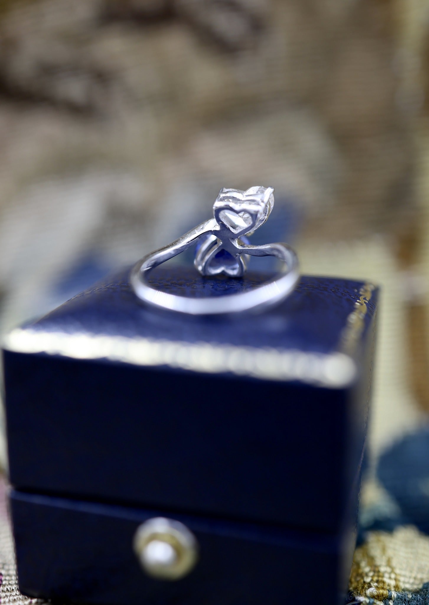 A remarkable Vintage 18ct White Gold (French import marks),  Heart Shaped Sapphire & Diamond, Moi et Toi, Two Stone Twist Ring.  Pre-owned - Robin Haydock Antiques