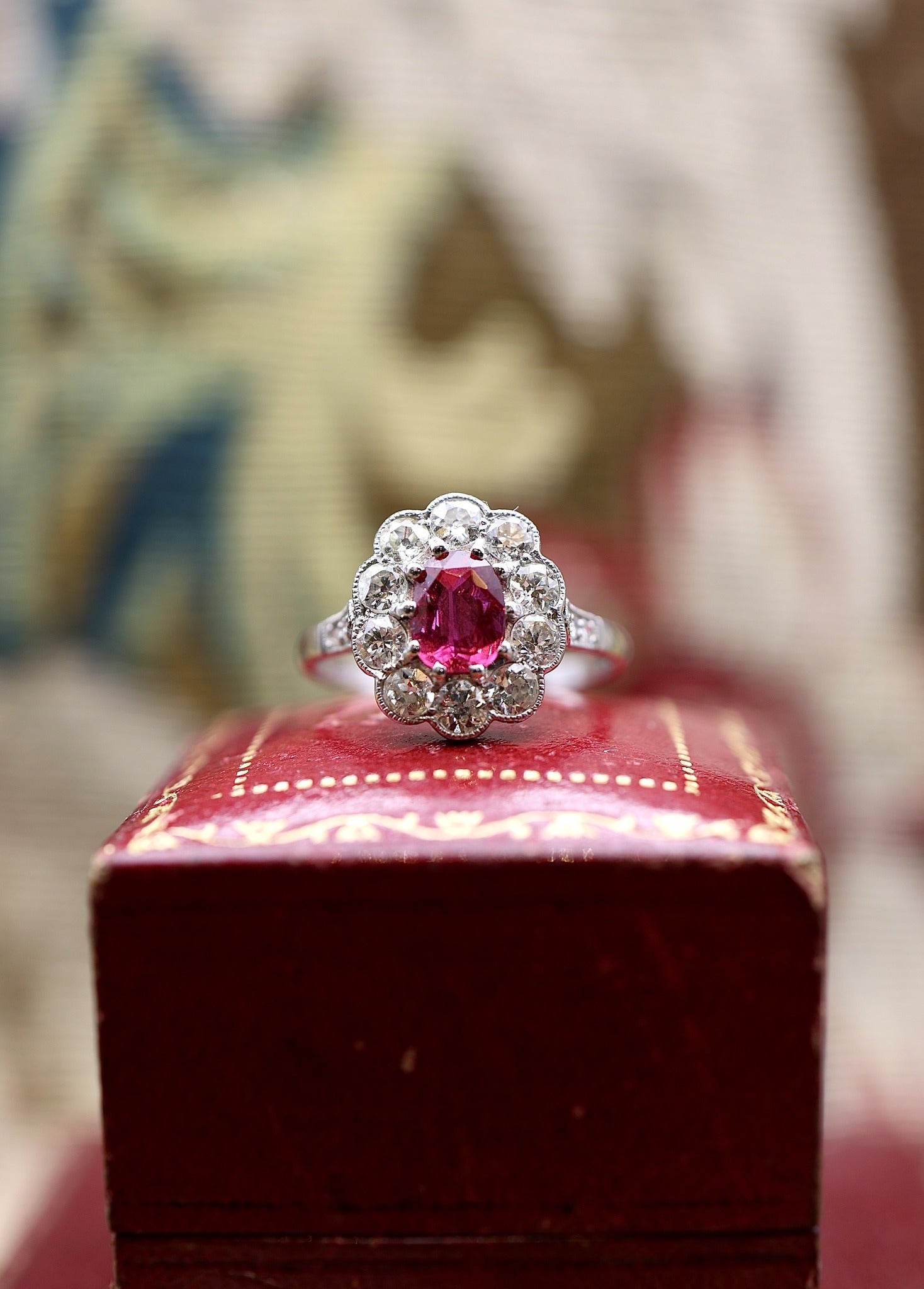 A very fine Siamese Ruby & Diamond Cluster Ring mounted in Platinum, English, Circa 1930 - Robin Haydock Antiques
