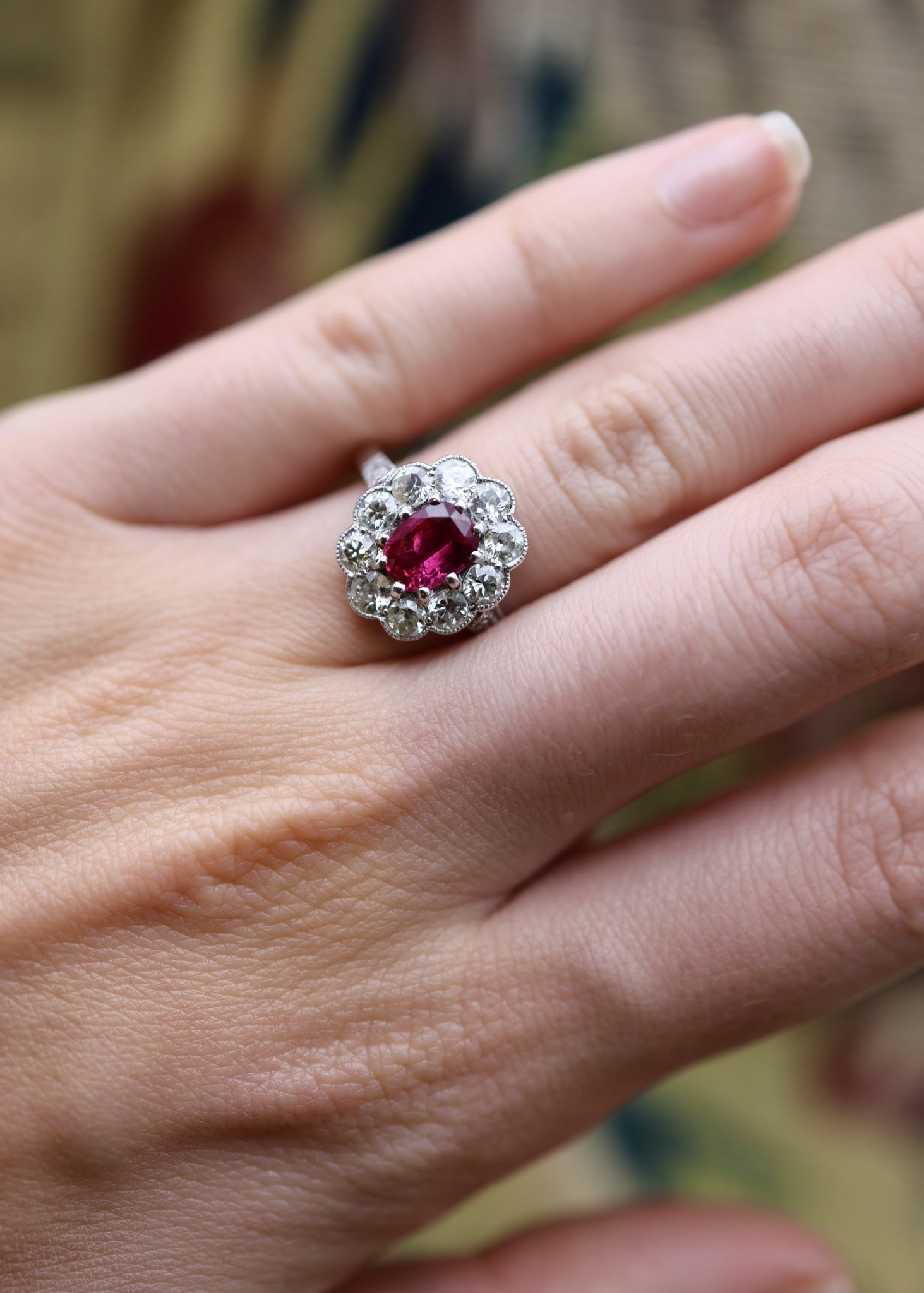 A very fine Siamese Ruby & Diamond Cluster Ring mounted in Platinum, English, Circa 1930 - Robin Haydock Antiques