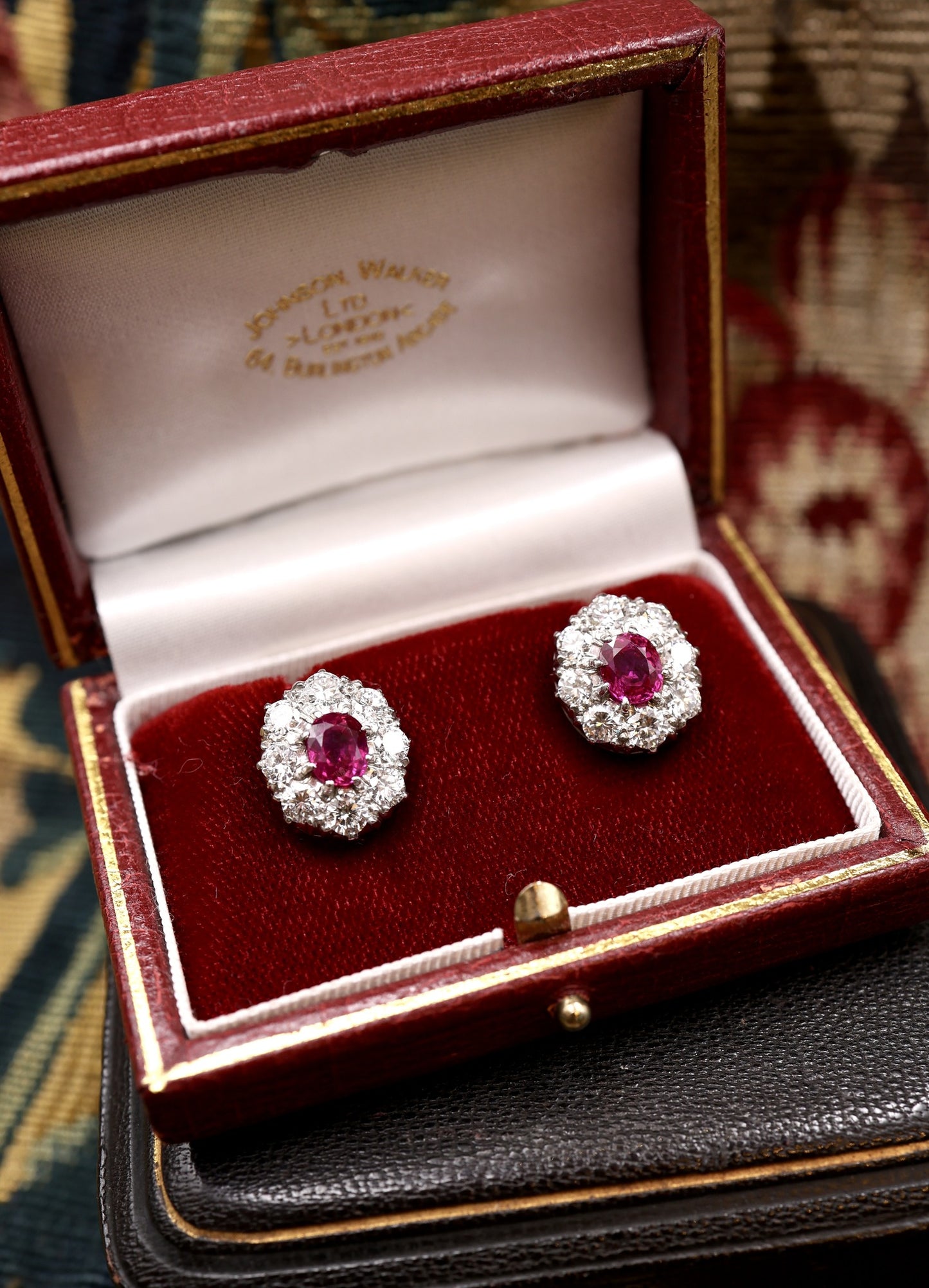 A pair of Vintage Natural Burma Ruby and Diamond Cluster Earrings in Platinum and 18ct White Gold, Circa 1950 - Robin Haydock Antiques