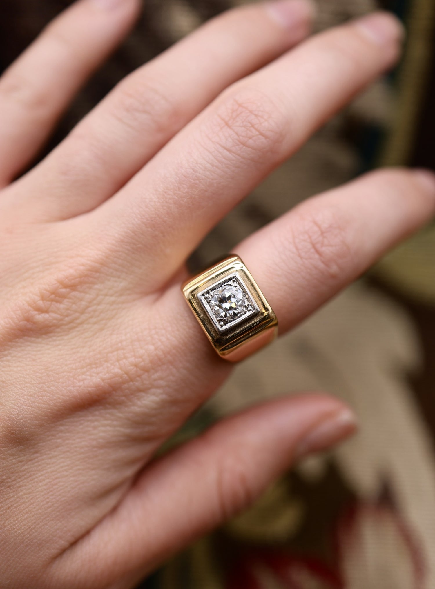 A Fine Vintage 18ct Yellow Gold & Platinum 0.98ct Mens Diamond Ring Circa 1930 - Robin Haydock Antiques