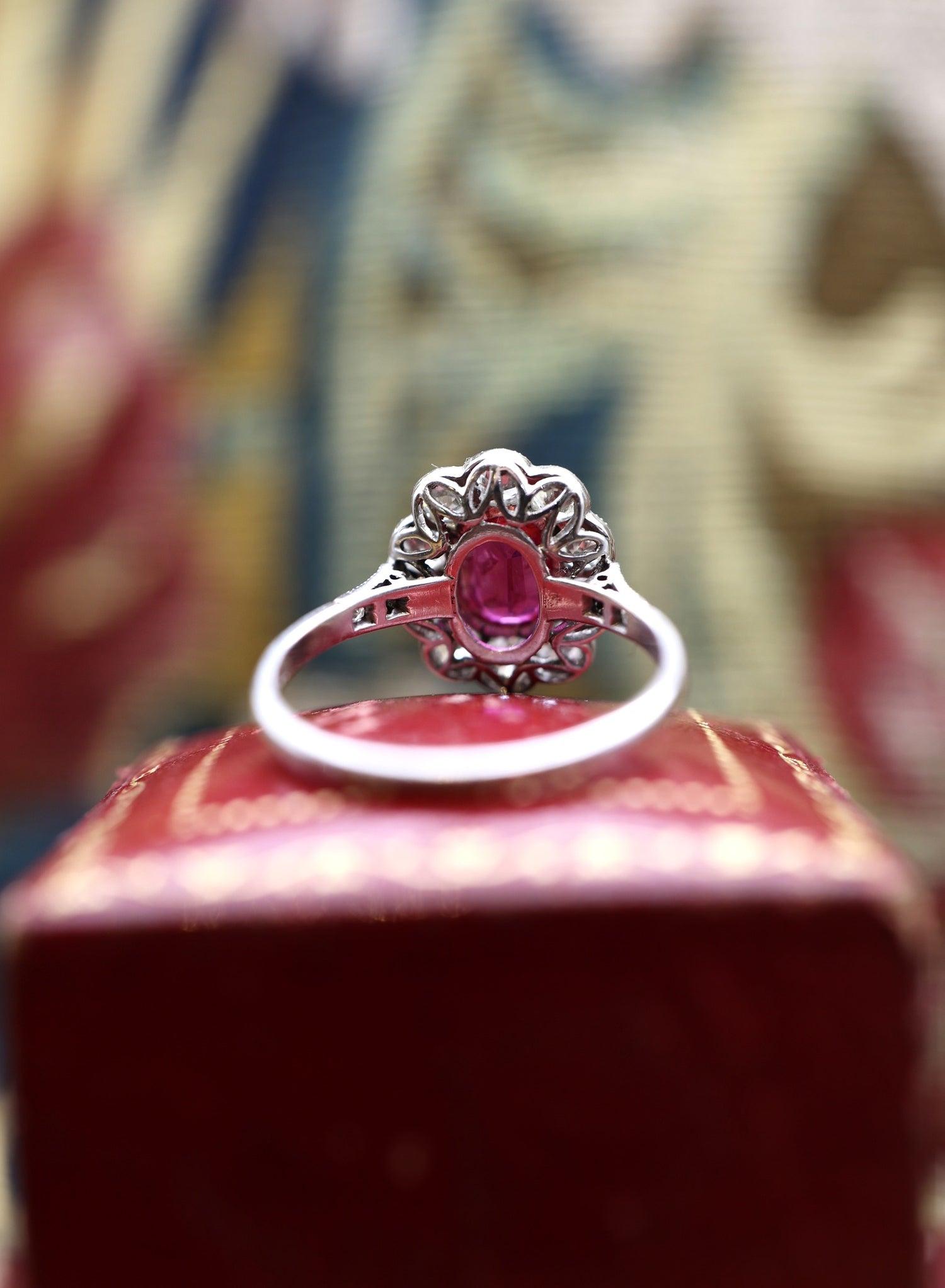 A very fine Siamese Ruby & Diamond Cluster Ring mounted in Platinum, English, Circa 1930 - Robin Haydock Antiques