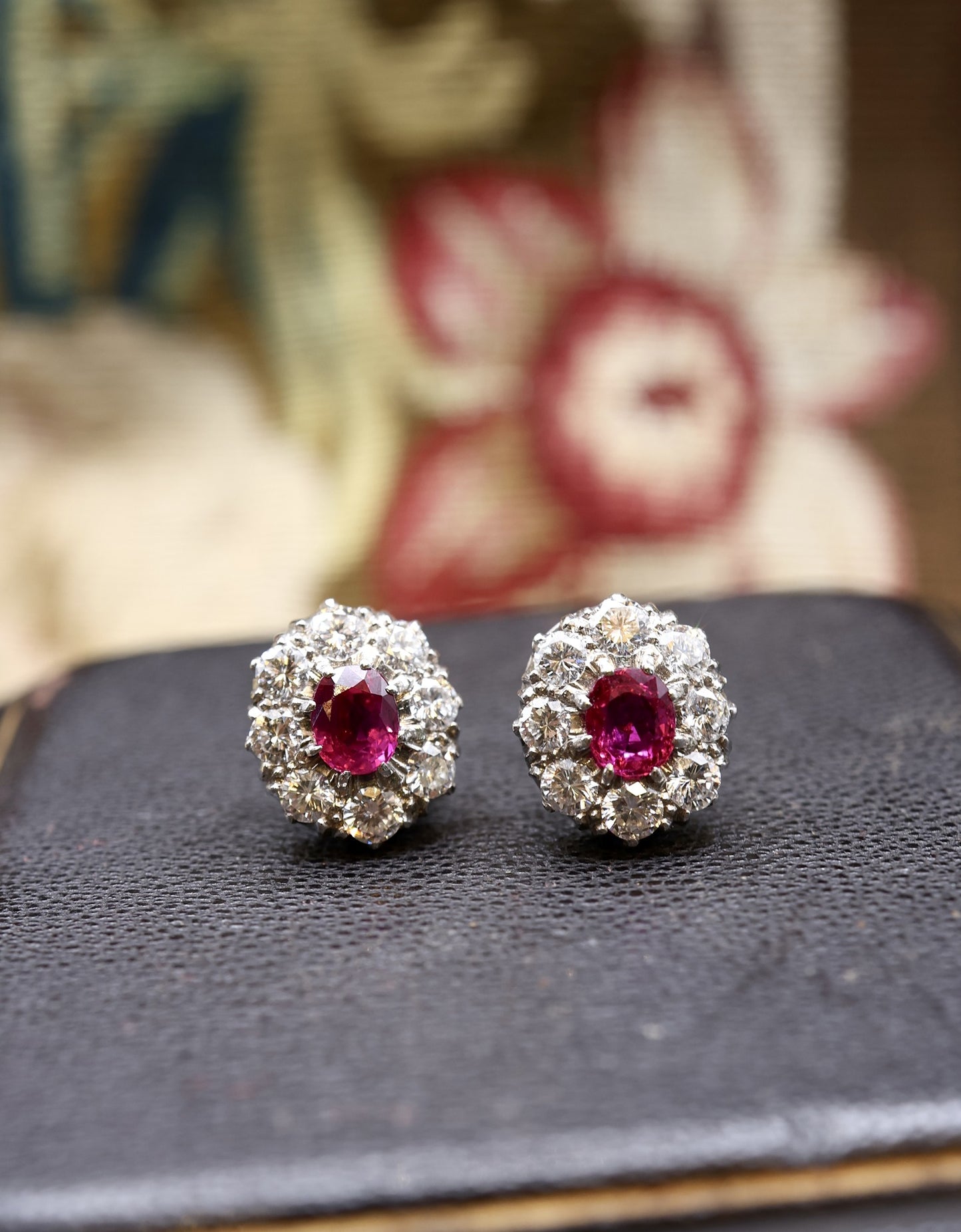 A pair of Vintage Natural Burma Ruby and Diamond Cluster Earrings in Platinum and 18ct White Gold, Circa 1950 - Robin Haydock Antiques