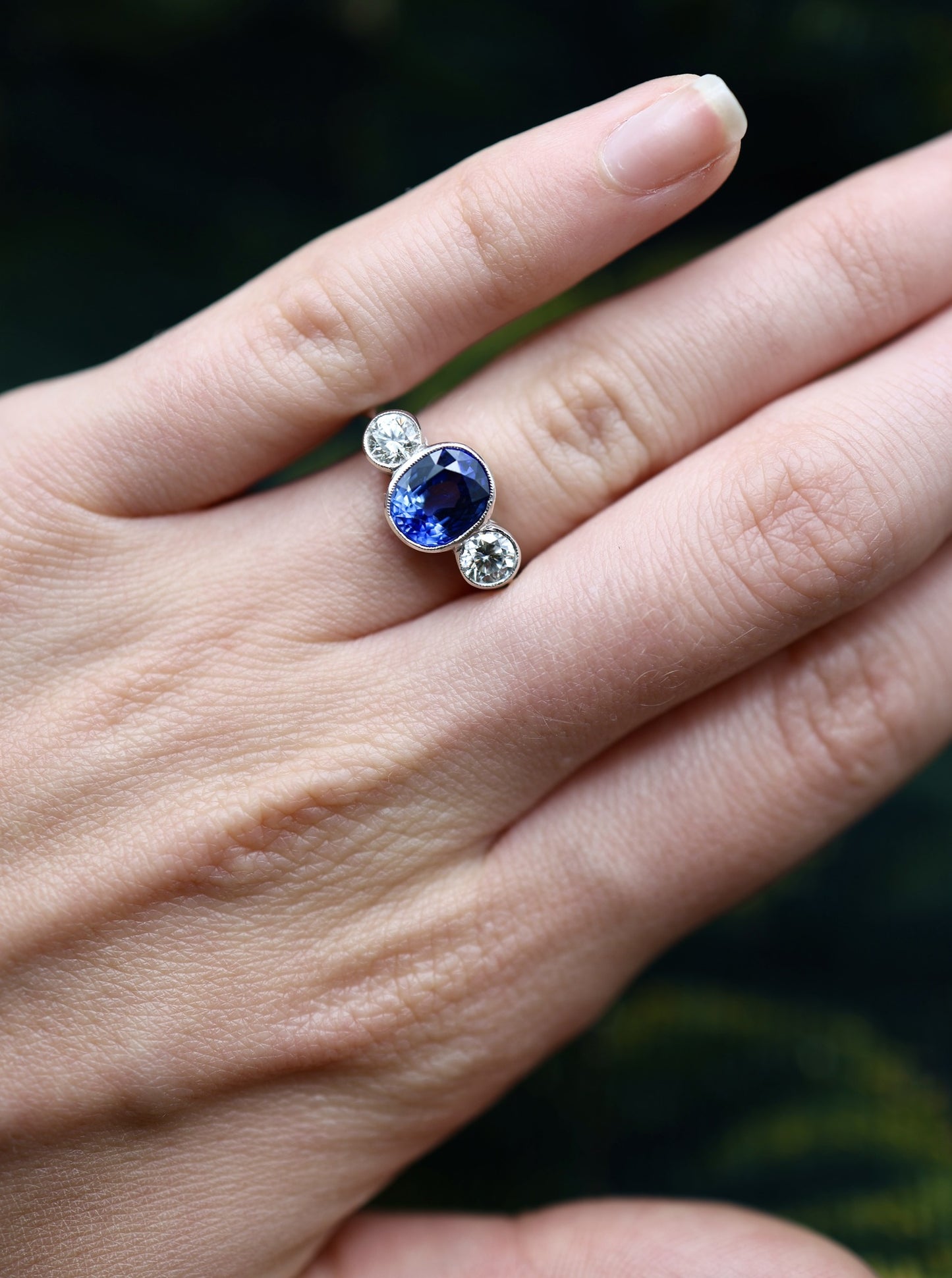 A very fine 18 ct.  White Gold & Platinum Oval 2.40ct Sapphire & Diamond Three Stone Ring. Circa 1935 - Robin Haydock Antiques