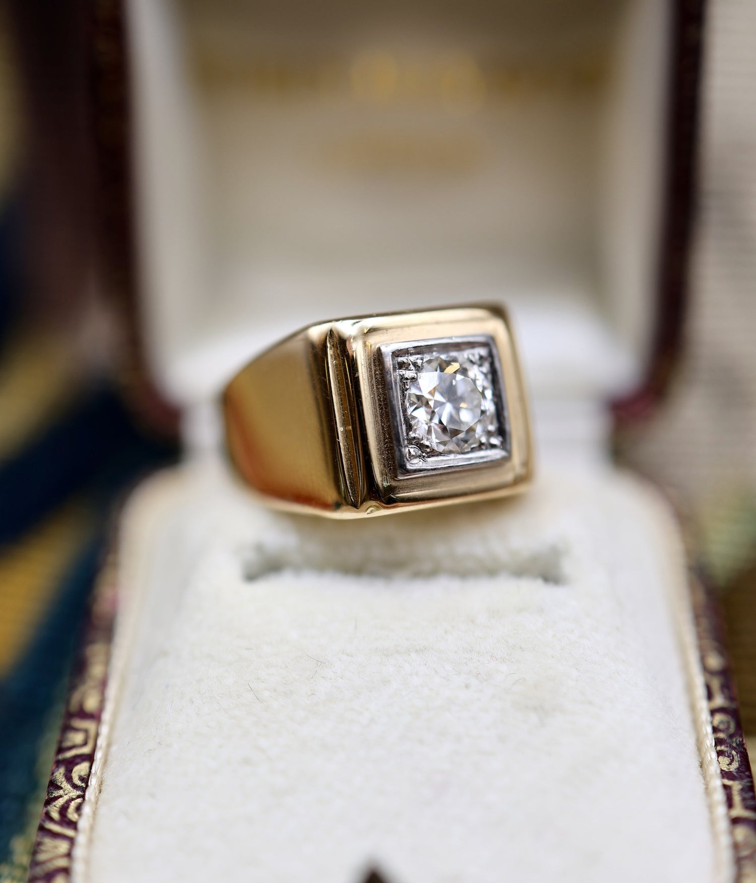 A Fine Vintage 18ct Yellow Gold & Platinum 0.98ct Mens Diamond Ring Circa 1930 - Robin Haydock Antiques