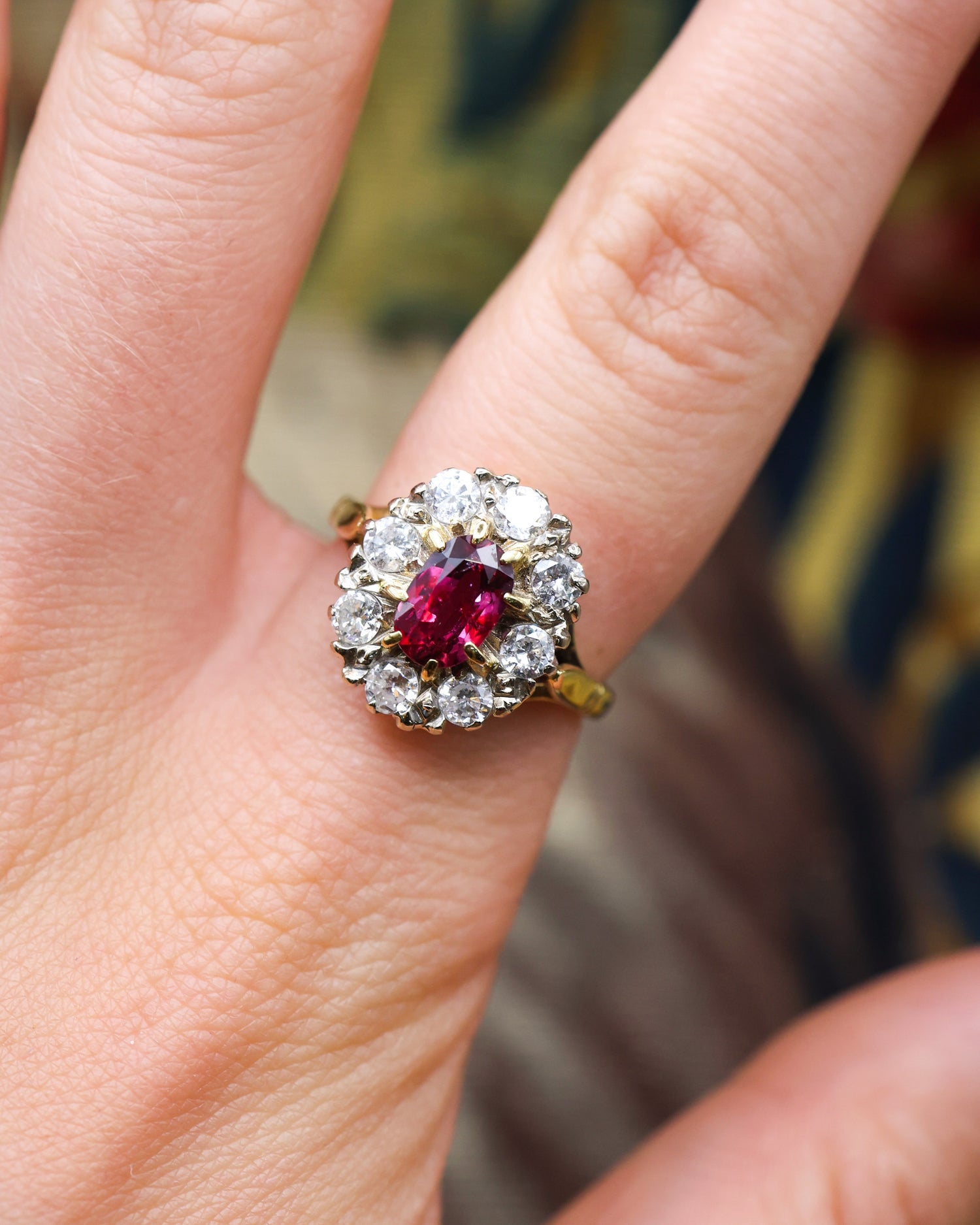 A very fine 18ct Yellow & White Gold Oval 1.35 Carat Siam Ruby & Diamond Cluster Ring. Circa 1975 - Robin Haydock Antique Jewellery