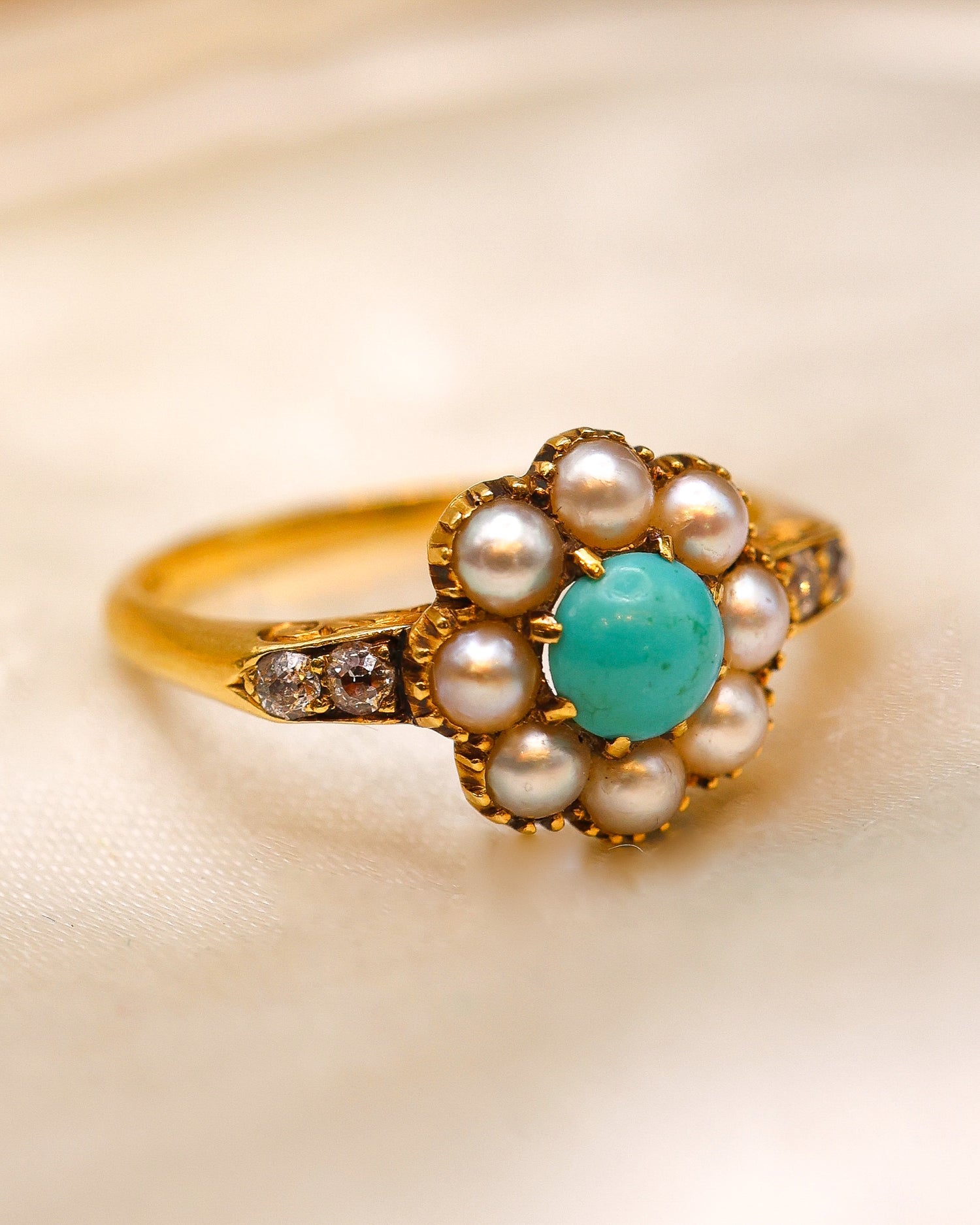 A fine Late Victorian, Turquoise, Natural Split Pearl and Diamond Cluster Ring. English C. 1880 - Robin Haydock Antique Jewellery
