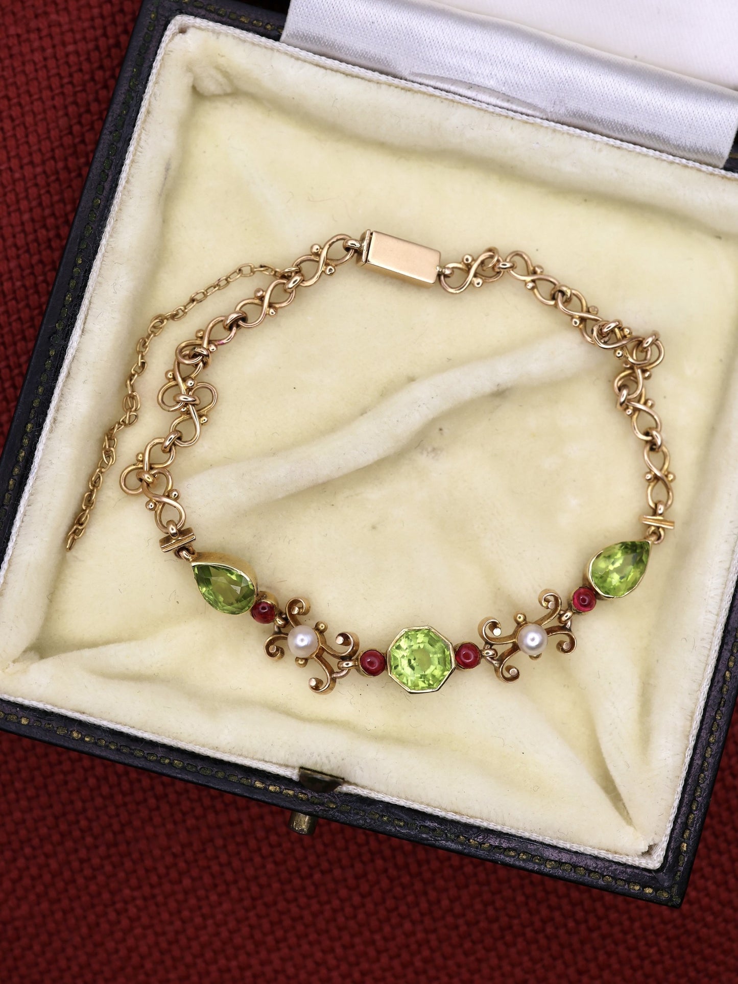 15ct Yellow Gold Victorian Peridot, Pearl and Ruby Bracelet Circa 1890 - Robin Haydock Antiques