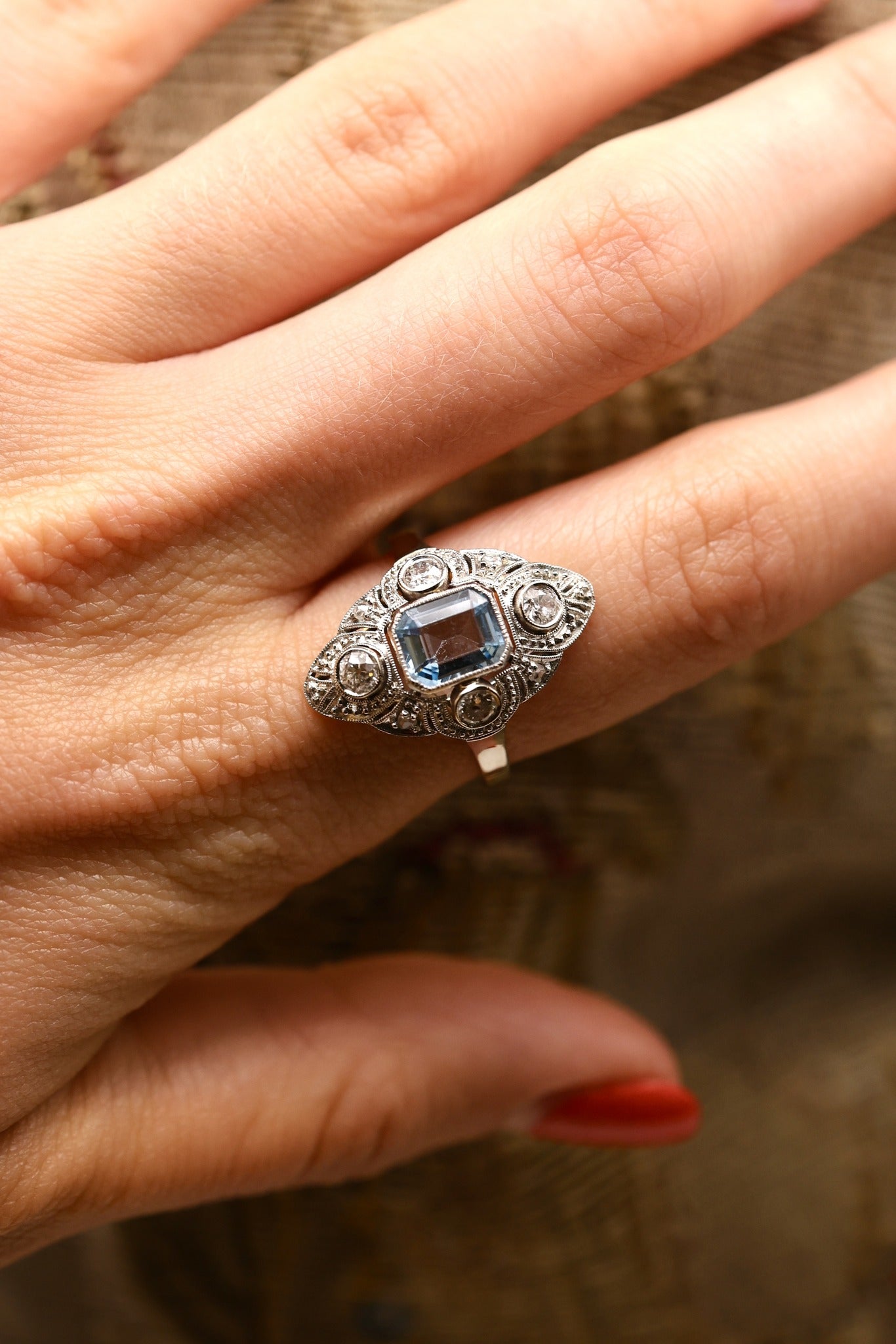 A very fine Aquamarine & Diamond Art Deco ring set in 14ct Yellow Gold & Platinum, plausibly Austro-Hungarian, Circa 1920 - Robin Haydock Antiques