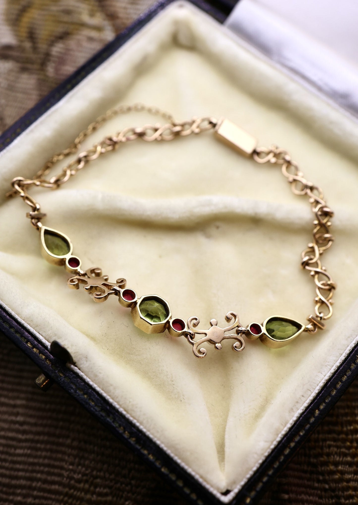 15ct Yellow Gold Victorian Peridot, Pearl and Ruby Bracelet Circa 1890 - Robin Haydock Antiques