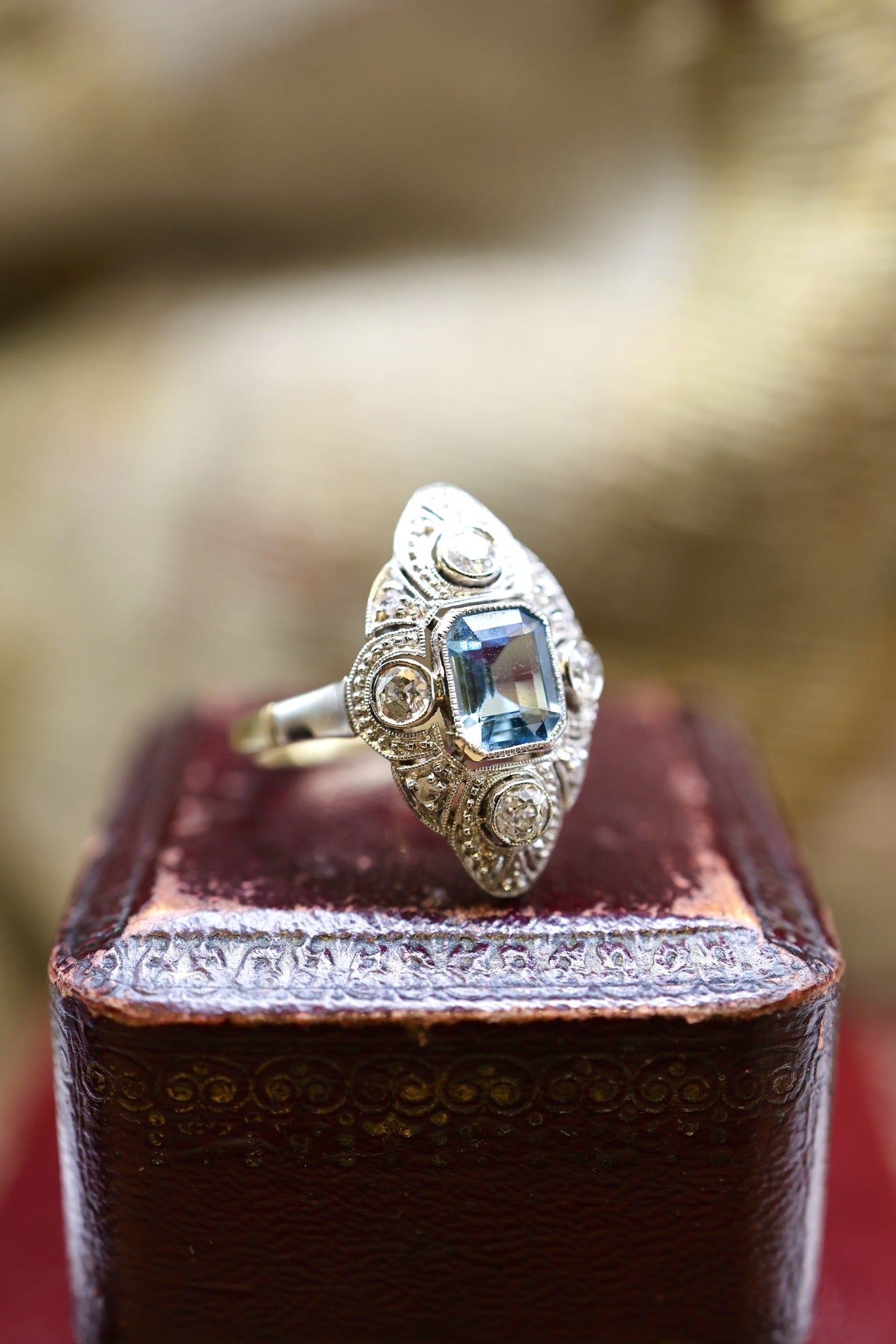 A very fine Aquamarine & Diamond Art Deco ring set in 14ct Yellow Gold & Platinum, plausibly Austro-Hungarian, Circa 1920 - Robin Haydock Antiques