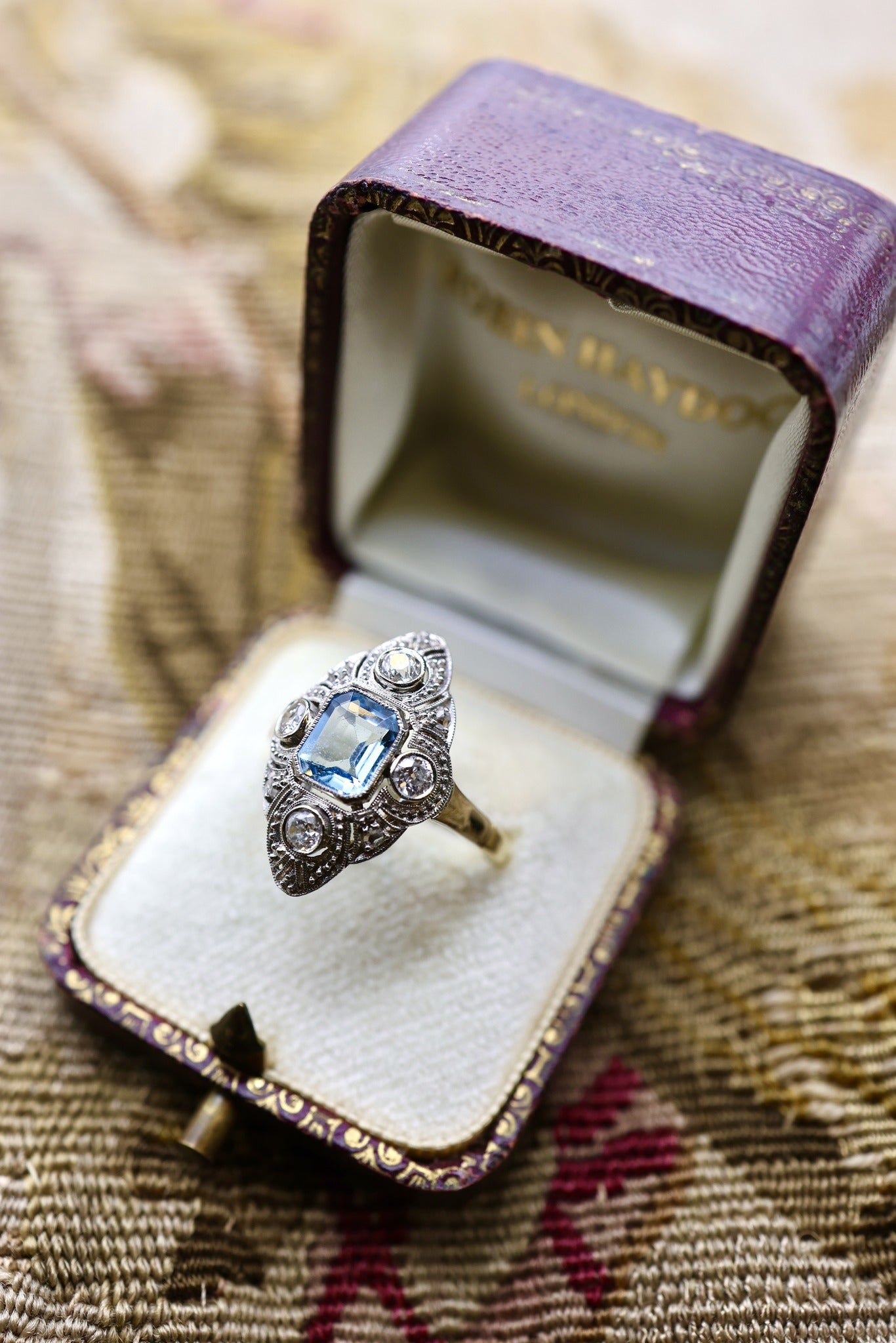 A very fine Aquamarine & Diamond Art Deco ring set in 14ct Yellow Gold & Platinum, plausibly Austro-Hungarian, Circa 1920 - Robin Haydock Antiques