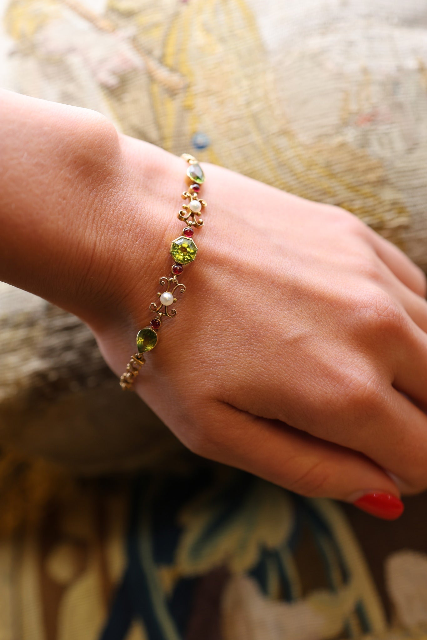 15ct Yellow Gold Victorian Peridot, Pearl and Ruby Bracelet Circa 1890 - Robin Haydock Antiques