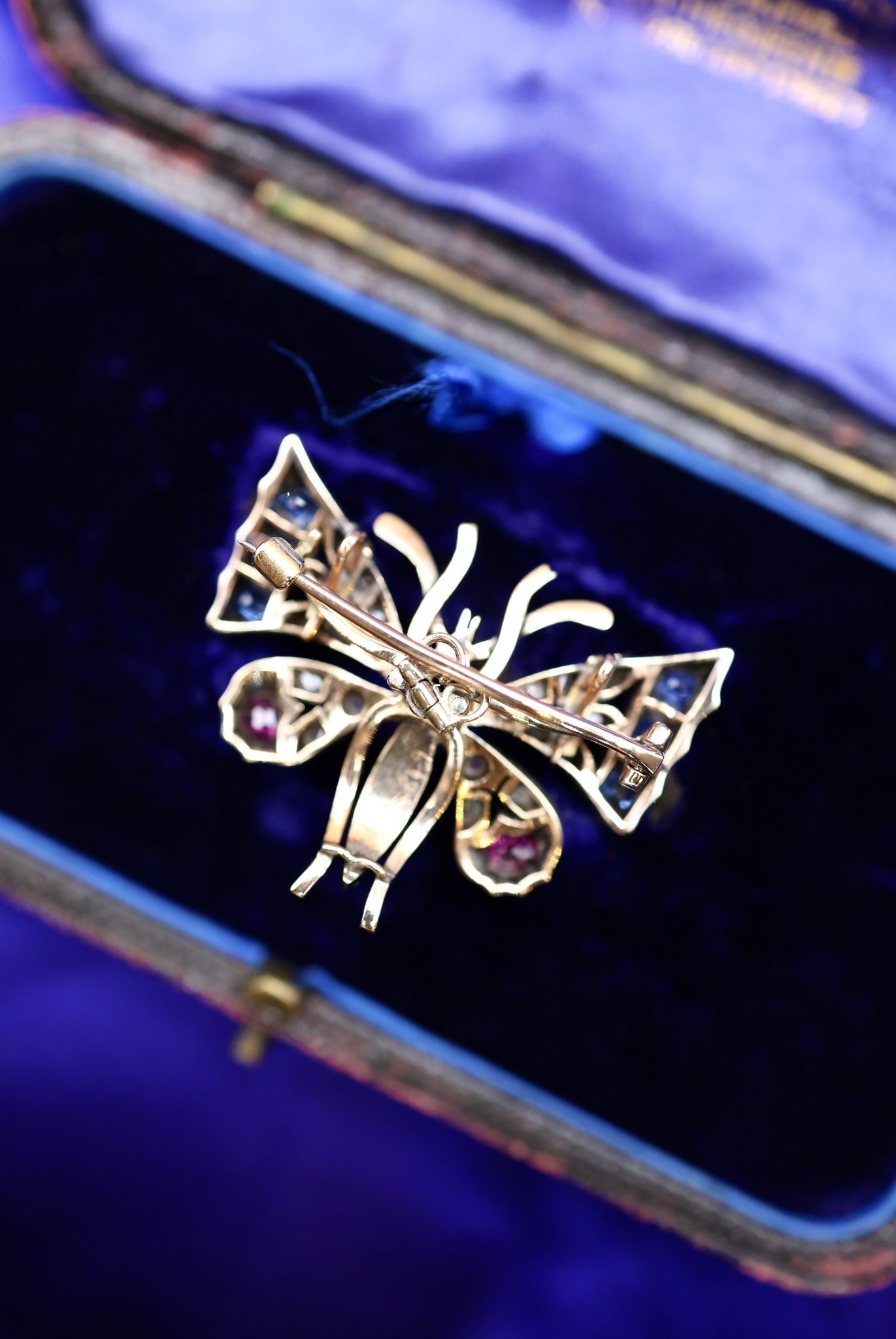 A very fine Antique High Carat Yellow Gold  (tested) Victorian Diamond, Natural Sapphire & Ruby Butterfly Pendant Brooch Circa 1880 - Robin Haydock Antiques