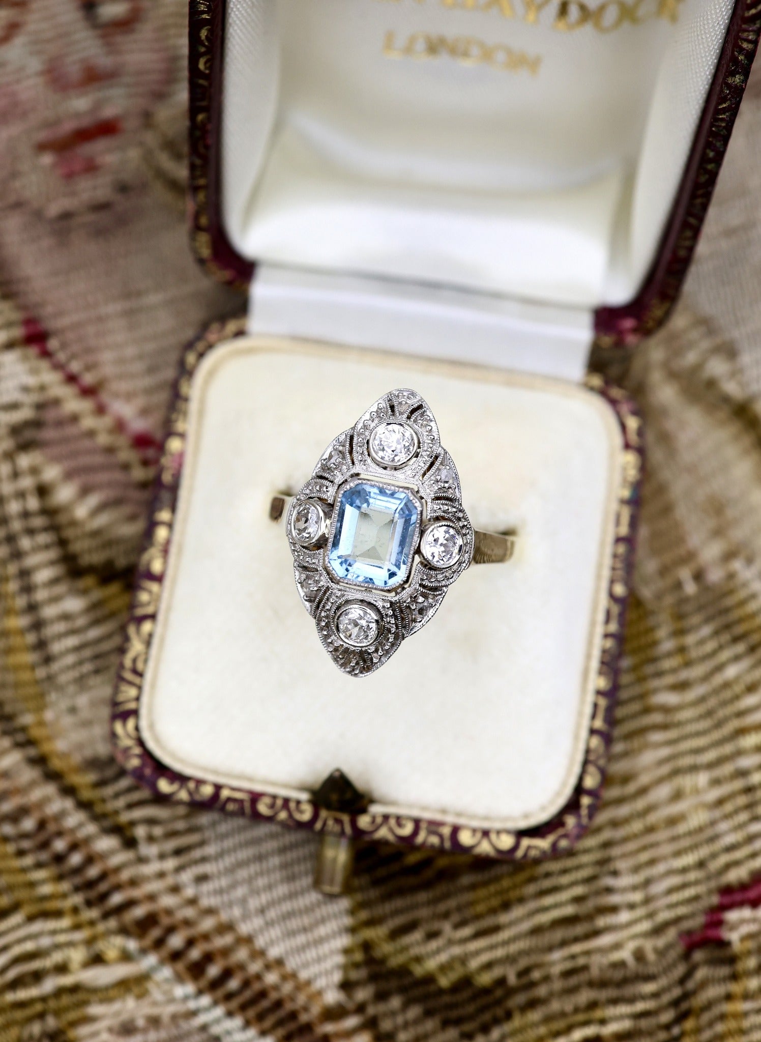 A very fine Aquamarine & Diamond Art Deco ring set in 14ct Yellow Gold & Platinum, plausibly Austro-Hungarian, Circa 1920 - Robin Haydock Antiques